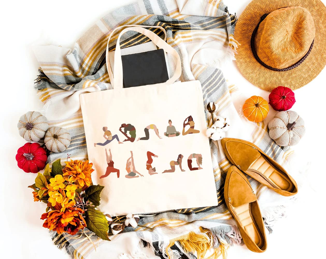 Eco-Friendly Canvas Tote Bag for Women - Yoga Pose Print Reusable Grocery Shopping Bag - Perfect for Yoga Class, Beach Trips, Gym & Daily Errands