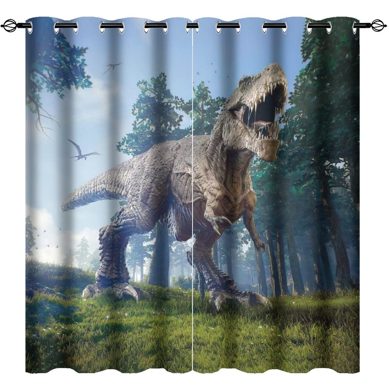Dinosaur Blackout Curtains - Thermal Insulated Room Darkening Window Drapes 42x63 Inches, Jungle Forest Theme for Kids Bedroom & Living Room - Perfect for Nursery, Theater Room & Light-Sensitive Sleepers