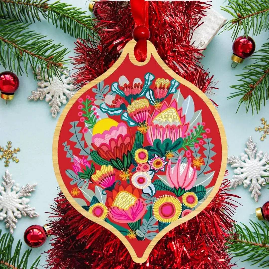 Flowers of Oz Australian Christmas Card & Bauble - Festive Holiday Greeting Card with Ornament for Xmas Tree Decorations & Gift Giving