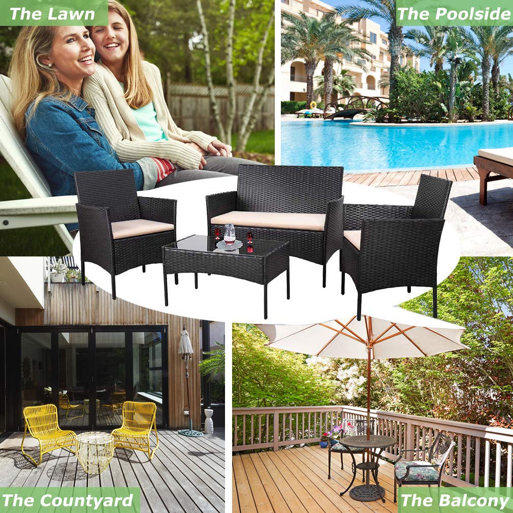 Outdoor 4-Piece Rattan Wicker Patio Furniture Set - Black Conversation Sofa & Coffee Table for Backyard, Garden, Poolside, Balcony or Porch | Weather-Resistant & Comfortable Seating
