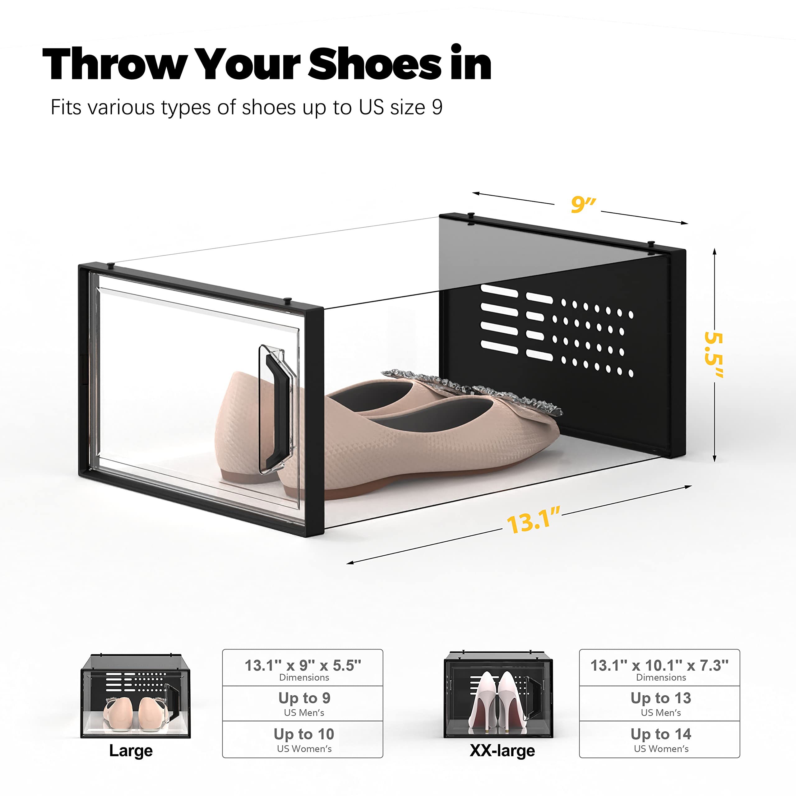 SEE SPRING Large 12 Pack Clear Plastic Shoe Storage Boxes - Stackable & Foldable Shoe Organizer for Closet, Sneaker Rack Containers Bin Holder (Black) - Perfect for Bedroom, Walk-in Closet & Dorm Organization
