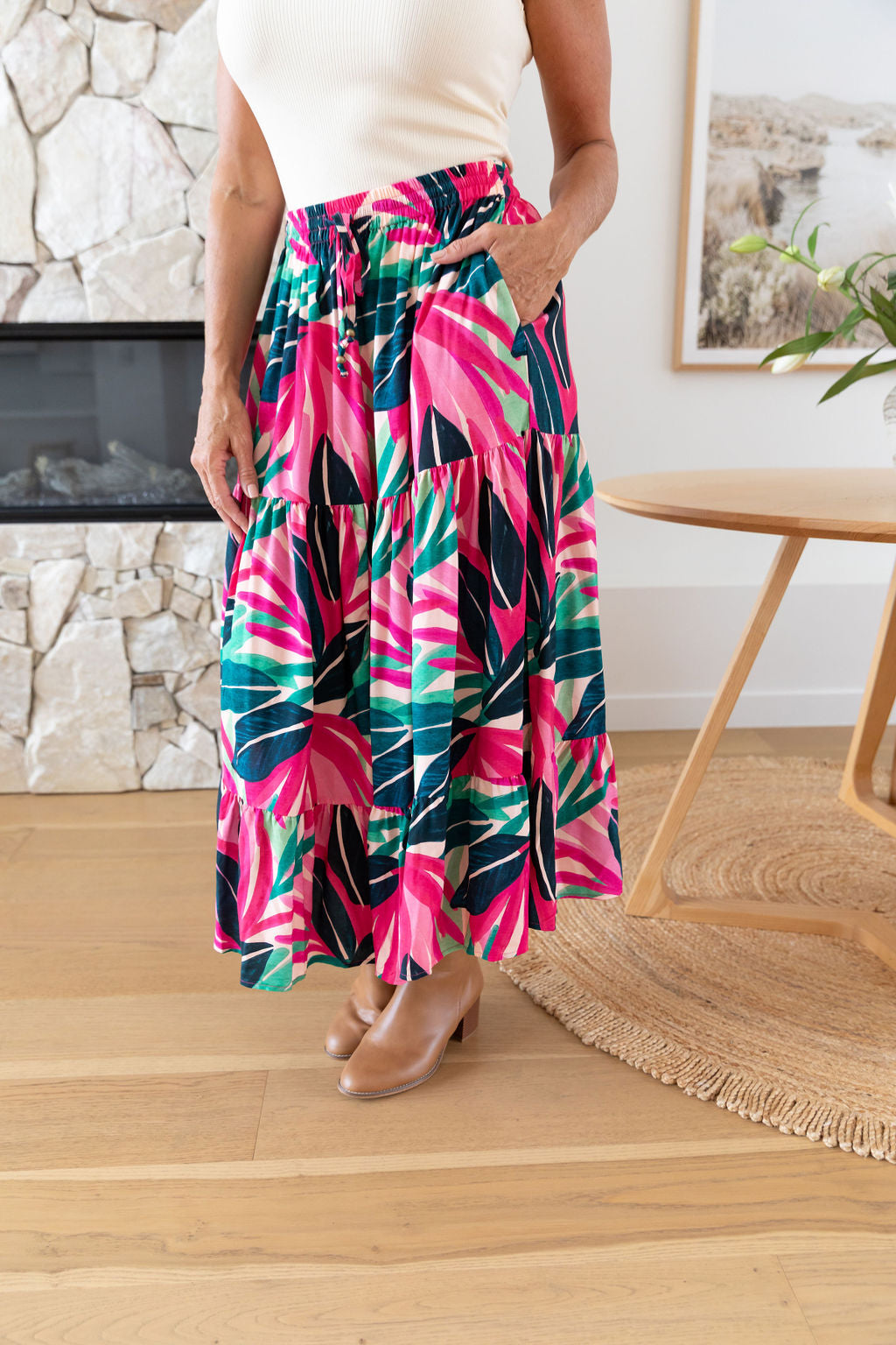 Carrie Skirt in Jungle Pink - Women's Floral A-Line Midi Skirt with Pockets | Perfect for Spring Outfits, Office Wear & Casual Dates