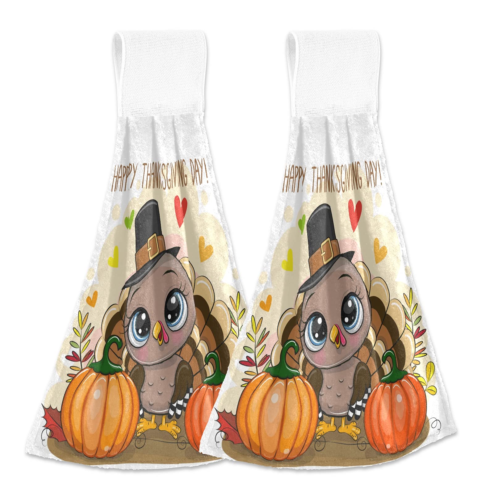 Thanksgiving Turkey Pumpkin Kitchen Hanging Towels - 2 Pack Autumn Maple Leaf Hand & Bath Towel Set - Soft Absorbent Dish Cloths for Tea Bar, Drying Dishes - Thin & Durable for Bathroom, Laundry Room Decor (Perfect for Fall Home Decor & Thanksgiving Hostess Gifts)