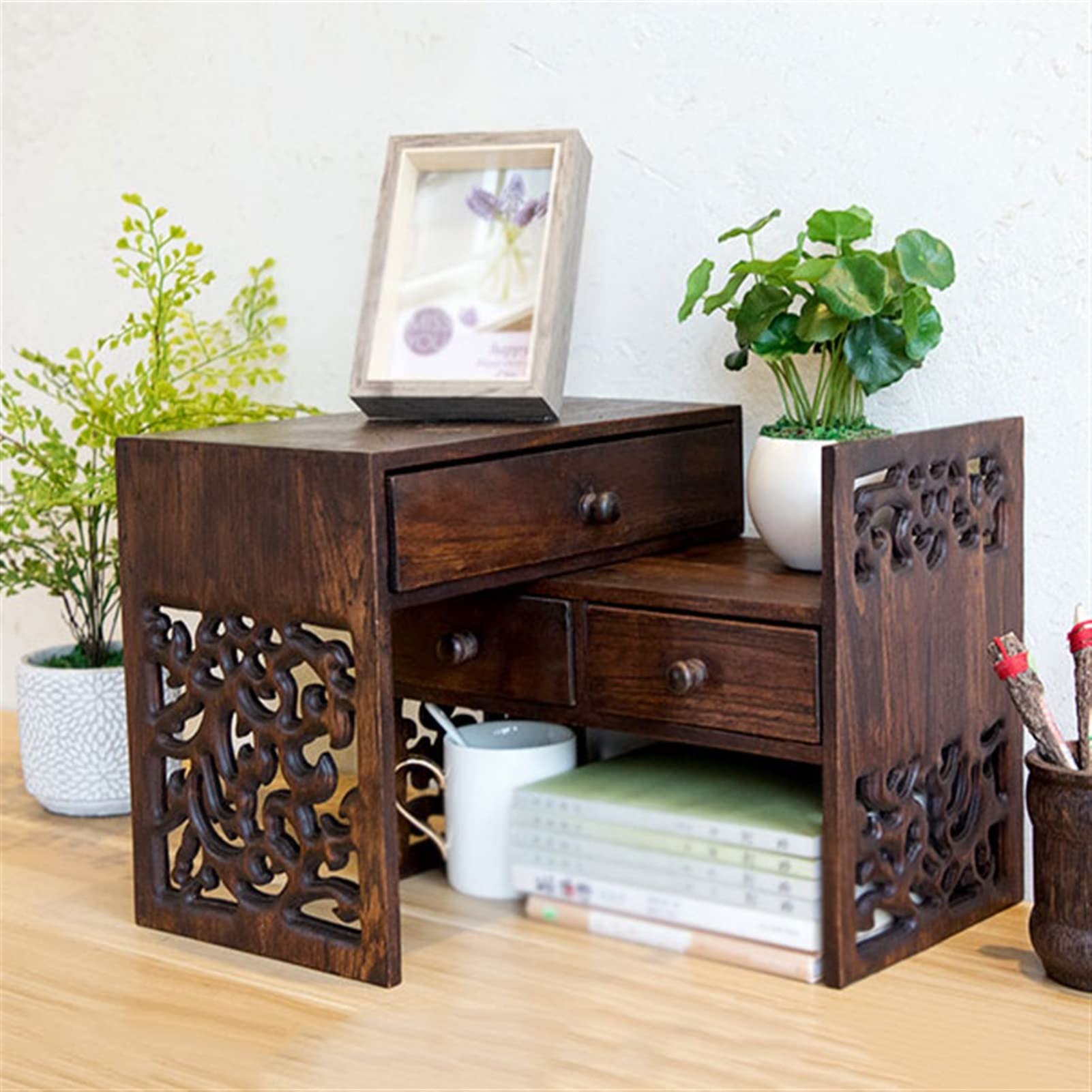 TOMYEUS Creative Retro Small Bookshelf - Adjustable Desktop Bookcase with Drawers, Brown Wooden Storage Cabinet for Home Office, Bedroom & Living Room