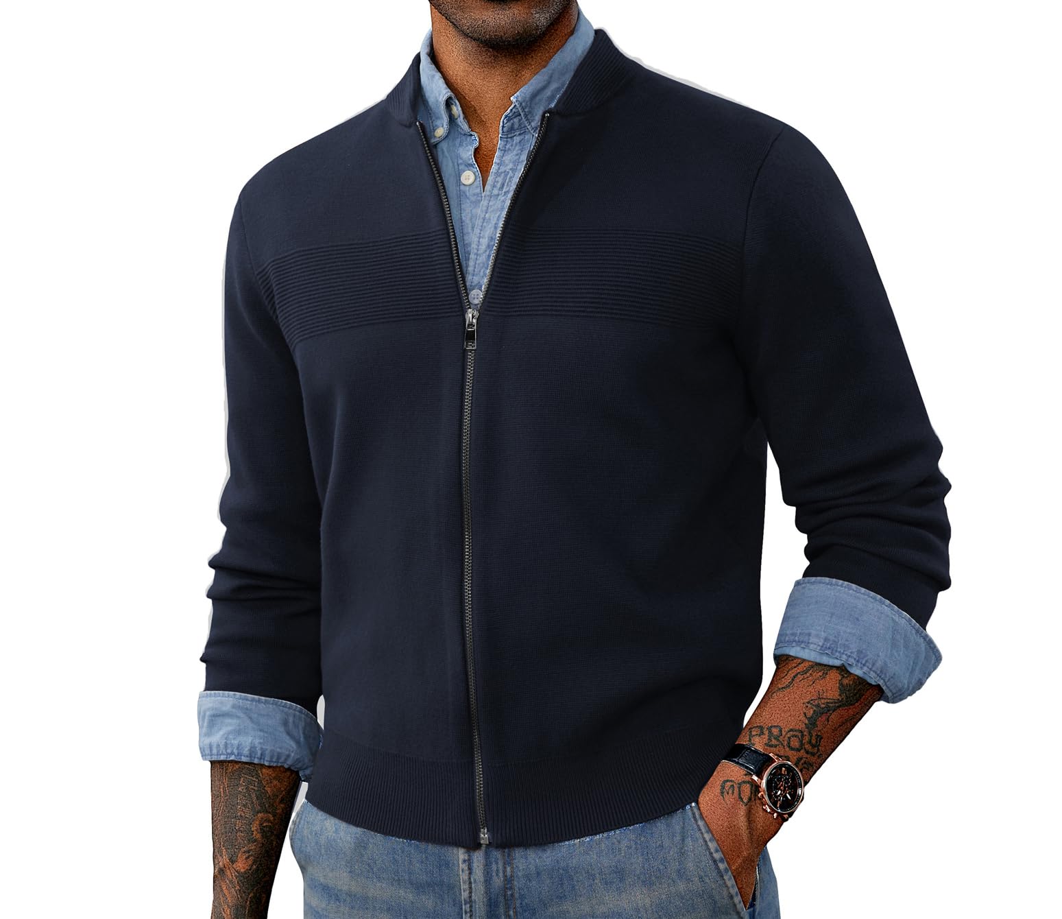 PJ PAUL JONES Men's Full Zip Cardigan Sweater - Stand Collar Regular Fit Knit Pullover for Casual Wear & Office Outfits | Cozy Winter Layering & Autumn Fashion Essential