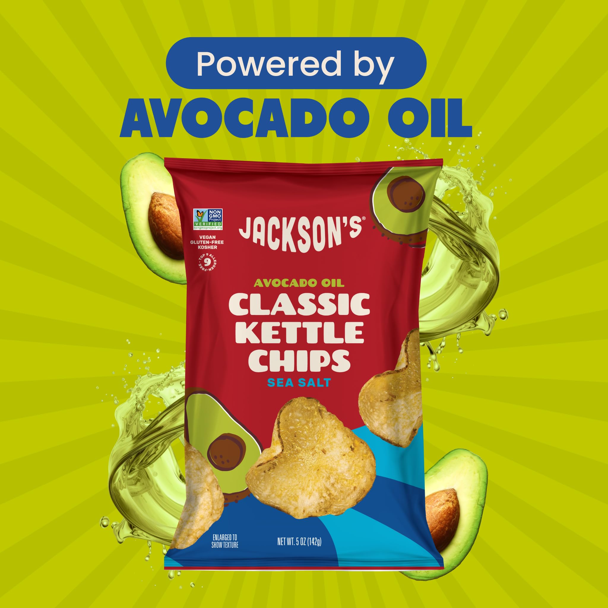 Jackson’s Classic Sea Salt Kettle Chips (5oz, Pack of 7) - Premium Avocado Oil, Gluten Free, Vegan, Kosher Snacks - Shark Tank Featured Product - Perfect for Parties, Picnics & Healthy Snacking