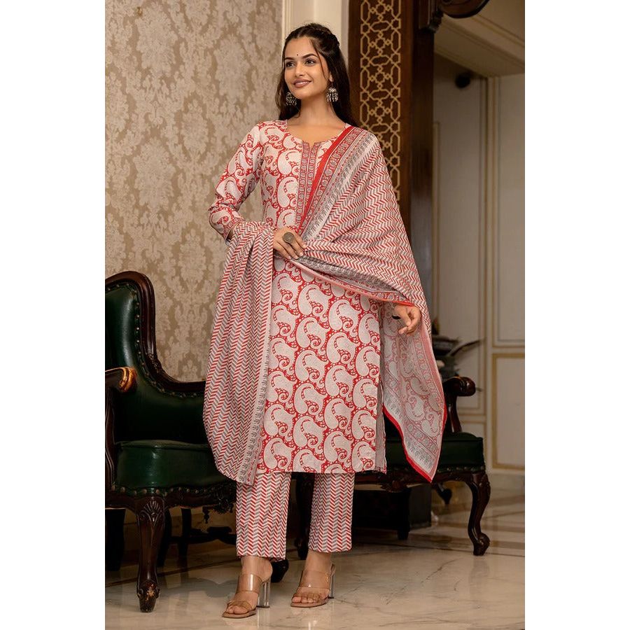 Stylish Red Rayon Blend Paisley Printed Women's Suit Set with Straight Pants - Perfect for Office Wear, Business Meetings & Formal Occasions