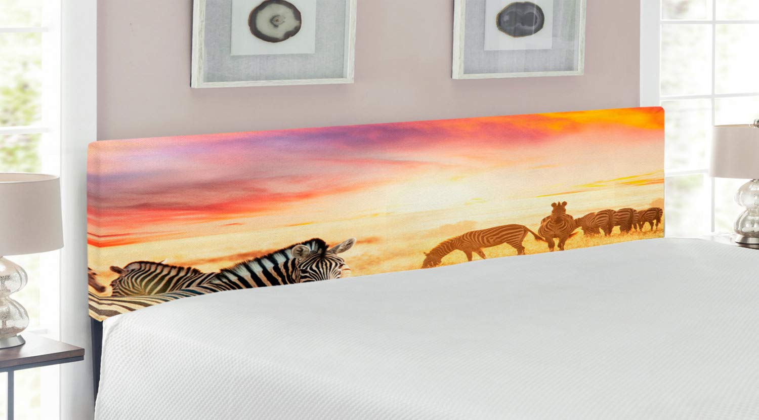Ambesonne Savannah King Size Upholstered Headboard - Zebras at Sunset Wildlife Adventure Theme, Decorative Metal Frame with Memory Foam, Multicolor | Perfect for Bedroom Decor & African Safari Style Homes