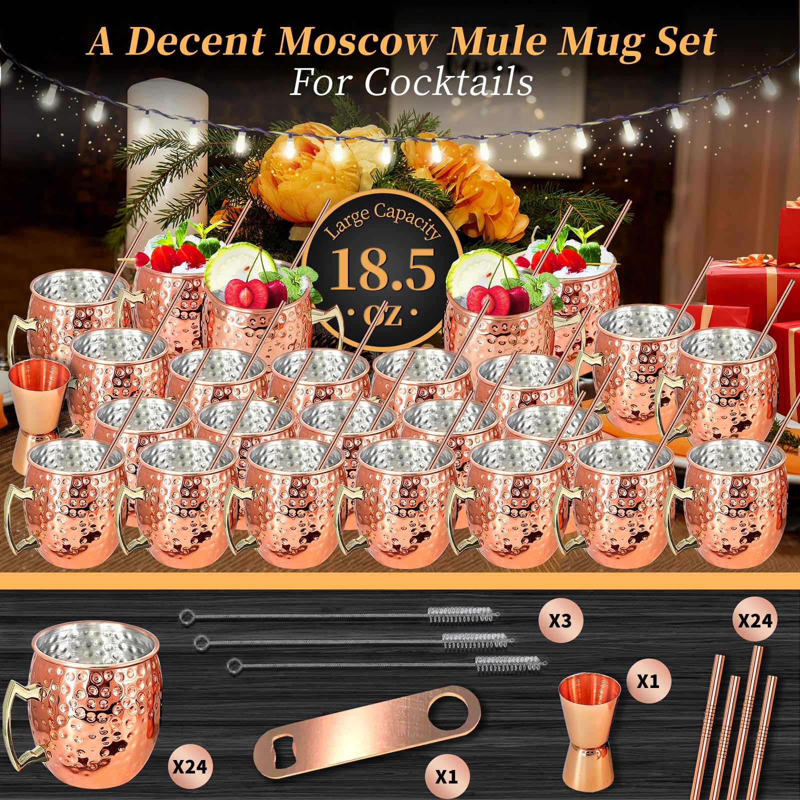 24-Pack Moscow Mule Copper Mugs Set - 18oz Hammered Stainless Steel Cups with Handle, Includes 1pc 0.5oz Double Jigger & 24 Stainless Steel Straws - Perfect for Cocktails, Cold Drinks & Party Serving