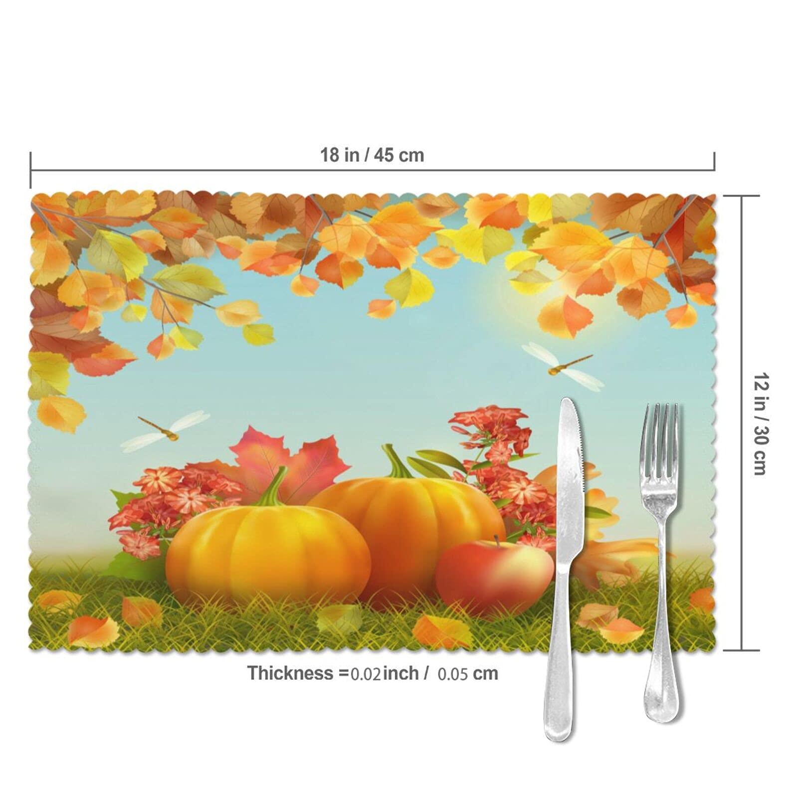 Happy Thanksgiving Day Placemats Set of 4 - 12 x 18 Inch Fall Leaves Design Washable & Heat-Resistant Table Mats for Kitchen Dining - Orange Home Decor | Perfect for Thanksgiving Dinner, Autumn Parties & Holiday Table Settings