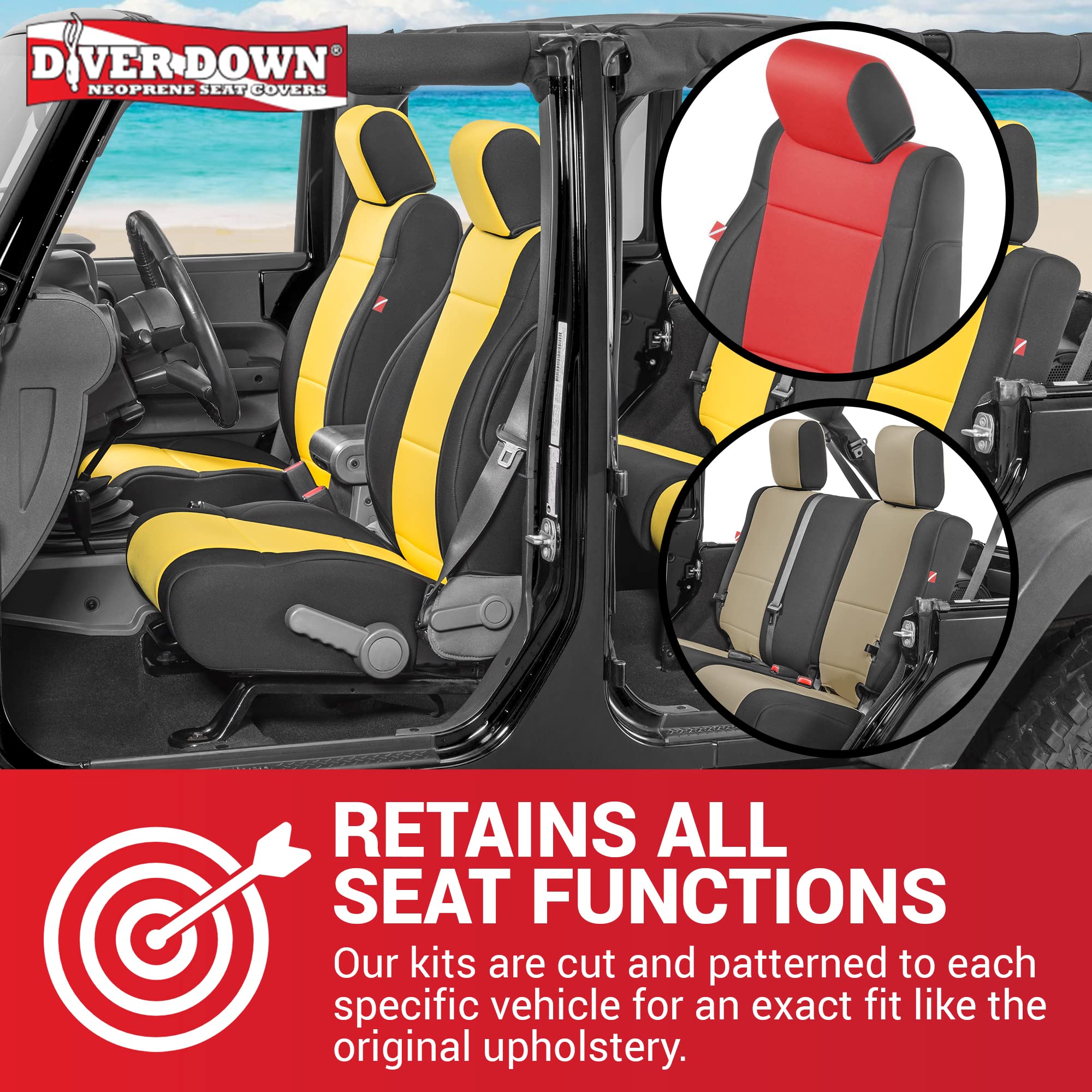 Diver Down Neoprene Seat Cover Set for Jeep Wrangler JK (2007-2018) - Waterproof Custom Fit Front & Rear Seat Covers - Soft Padded Thermal Resistant Cushion - Yellow (4DR, 07) - Perfect for Off-Roading, Beach Trips & Winter Protection