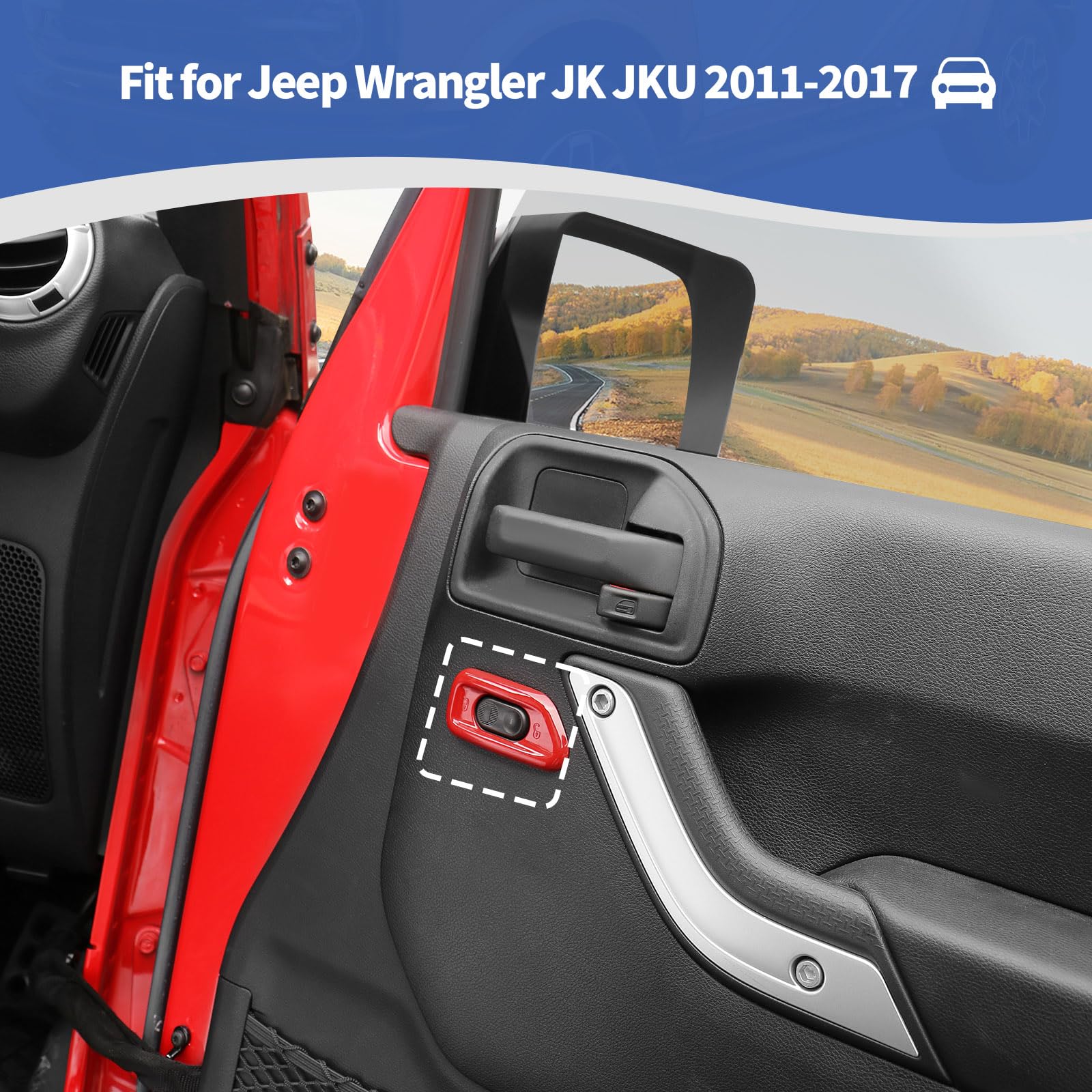 Jeep Wrangler JK JKU Door Lock Switch Cover Trim Bezel - Red Interior Accessories (2011-2017) - 2pcs Set - Upgrade Your Jeep's Interior Style for Off-Road Adventures & Daily Driving