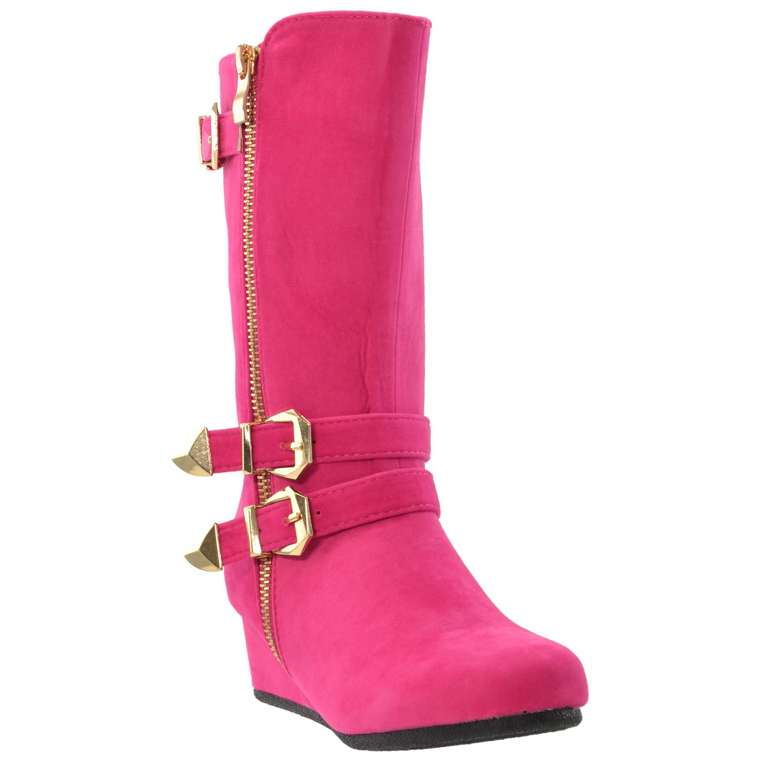 **Girls' Mid Calf to Knee High Boots with Wedge Heel - Casual Buckle & Zipper Design - Fuchsia Pink Size 9 Toddler - Perfect for School, Playdates & Winter Outfits**