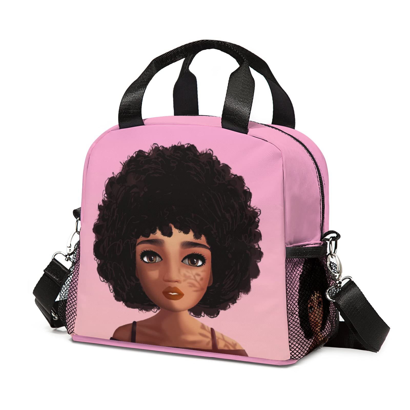 African American Black Girl Insulated Lunch Bag - Reusable Afro Women Lunch Box with Adjustable Shoulder Strap, Portable Lunch Tote with Side Pocket for Kids, Teens & Adults - Perfect for School, Work & Picnics (Pink)