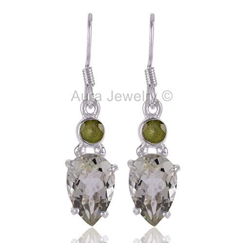 925 Sterling Silver Dangle Earrings for Women - Natural Green Amethyst & Peridot Gemstone Prong Set Hypoallergenic Trendy Jewelry | Halloween Gift, Party Wear, Wedding Accessories, Everyday Elegance