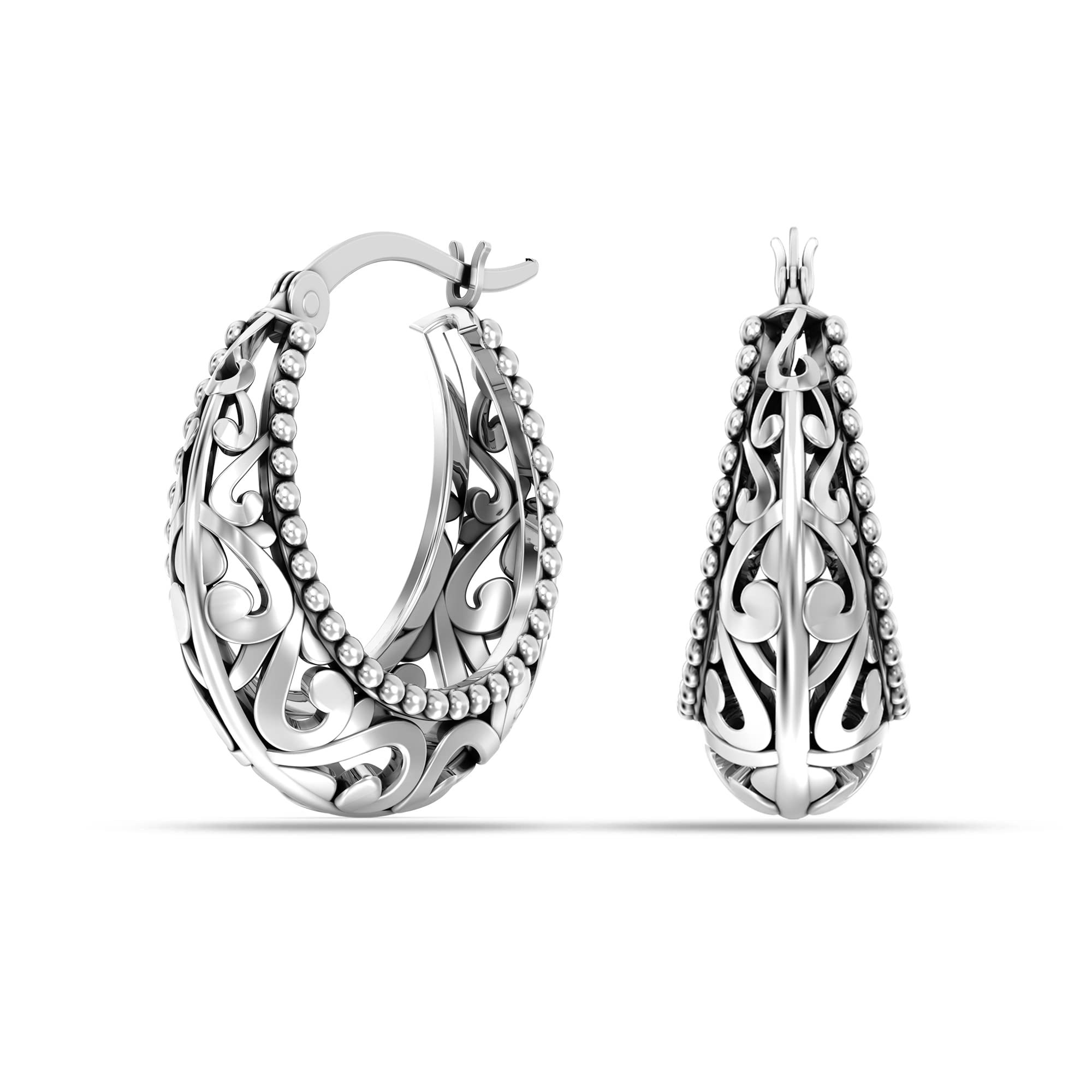 Charmsy 925 Sterling Silver Hoop Earrings for Women - Elegant Filigree Openwork Mesh Design | Lightweight Hypoallergenic Vintage Jewelry | Perfect for Parties, Weddings & Everyday Wear