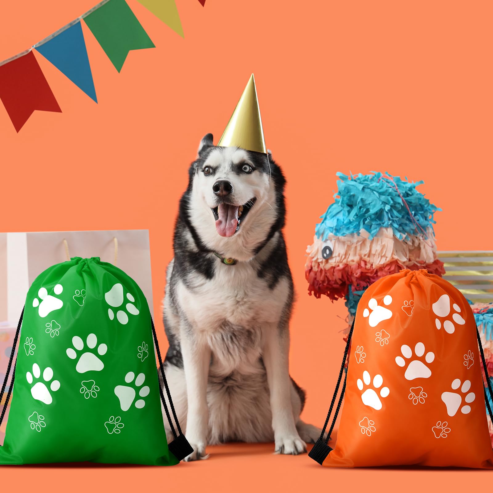 16 Pcs Large Paw Print Drawstring Backpack - Reusable Puppy Gift Bags for Party Favors & Travel