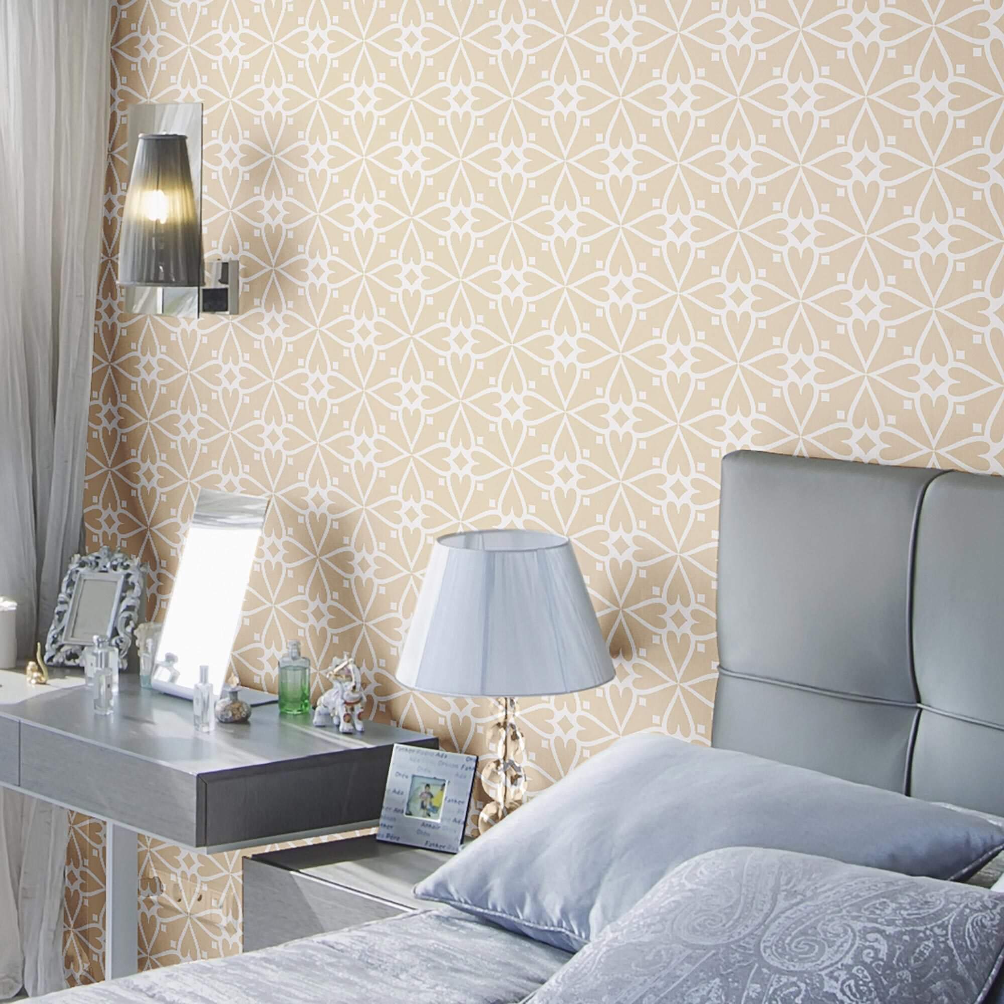 Beige and Gold Damask Peel and Stick Removable Wallpaper - Self-Adhesive Wall Covering for Bedroom, Living Room & Home Decor