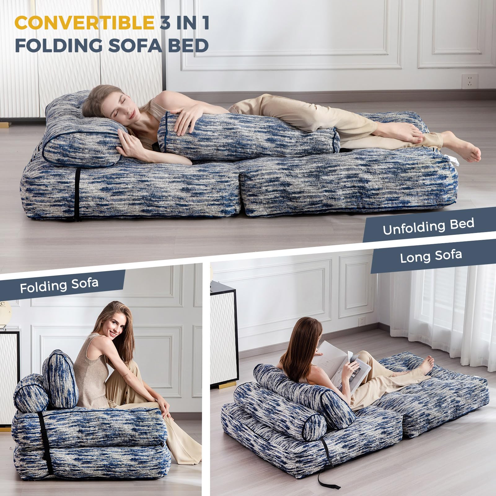 MAXYOYO Folding Sofa Bed - Convertible Sleeper Chair with Pillow, Soft Fold Out Guest Bed in Mix Blue | Perfect for Small Spaces, Living Rooms & Apartments