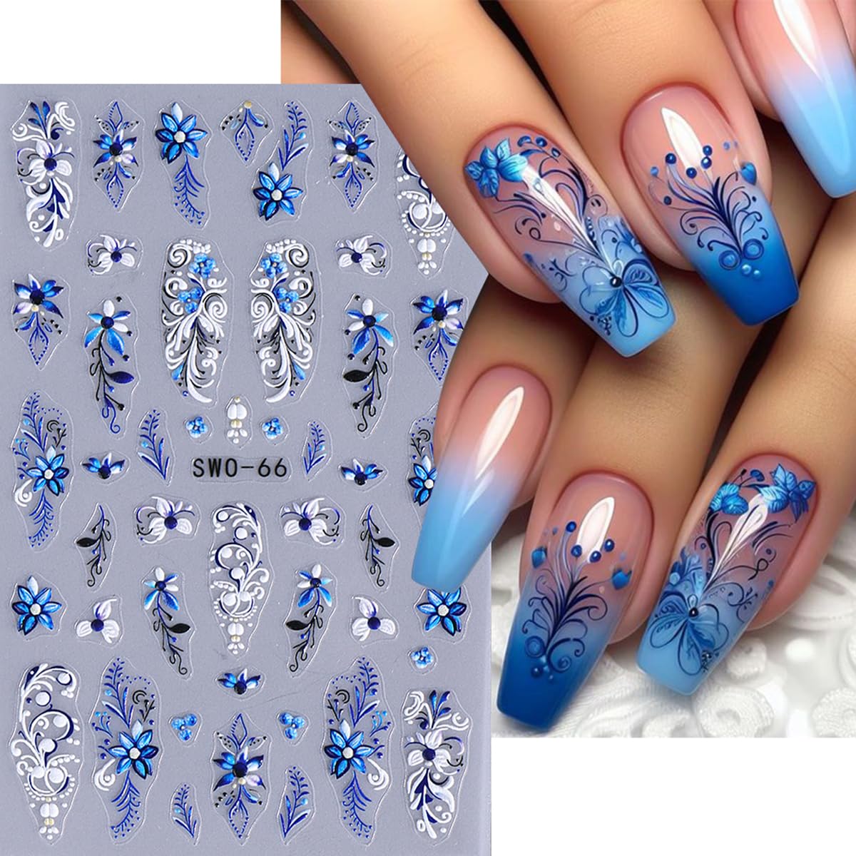 5D Blue Lily Flower Nail Art Stickers - 4PCS Embossed Floral Vine Self-Adhesive Nail Decals for DIY Nail Decor | Perfect for Spring Summer Manicures, Bridal Nail Art & Salon Professional Use