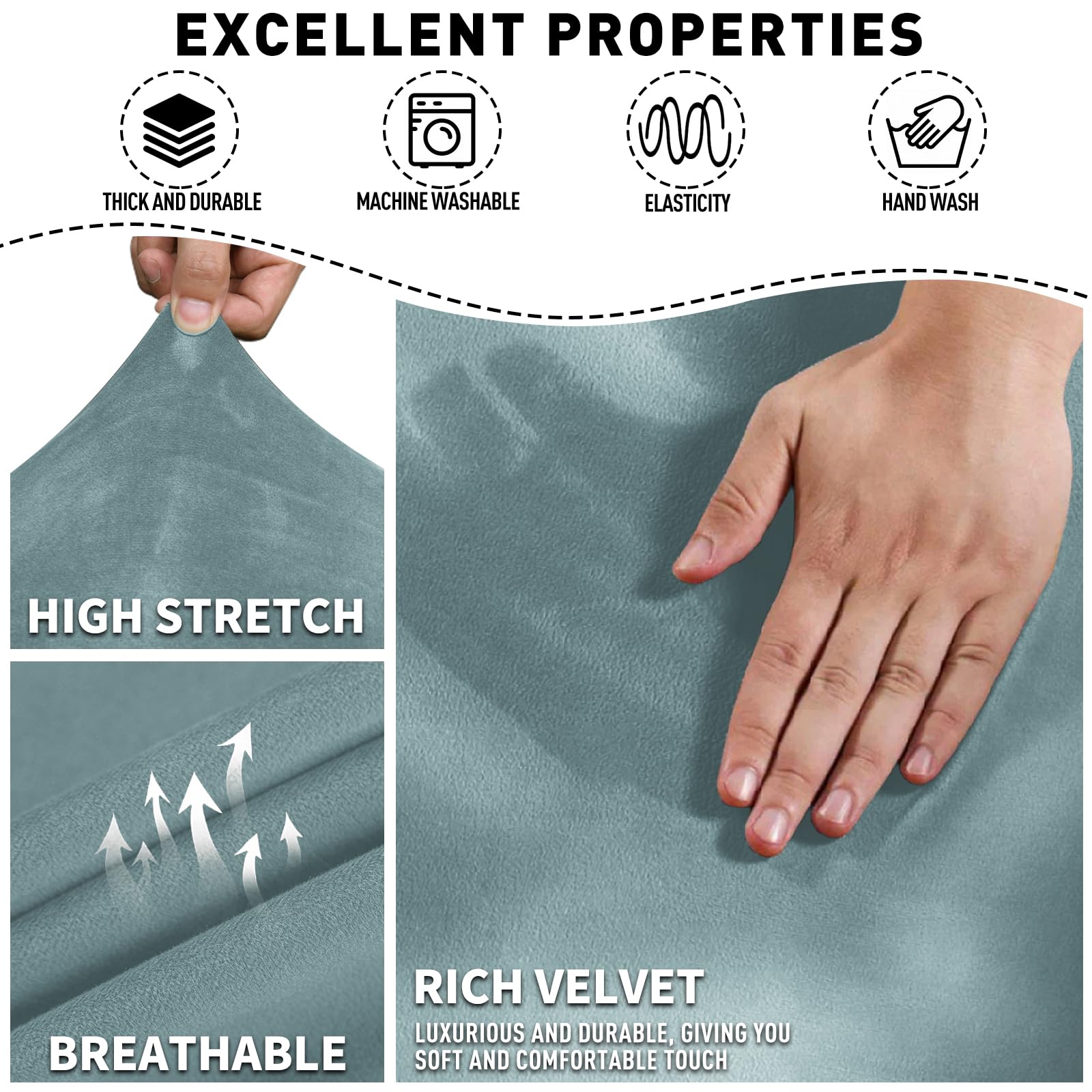 MAXIJIN 8-Piece Stretch Velvet Recliner Sofa Covers Set - Soft, Thick & Washable Slipcovers for 3-Cushion Reclining Couches (Dusty Blue) - Perfect for Living Room, Home Theater & Family Room Furniture Protection