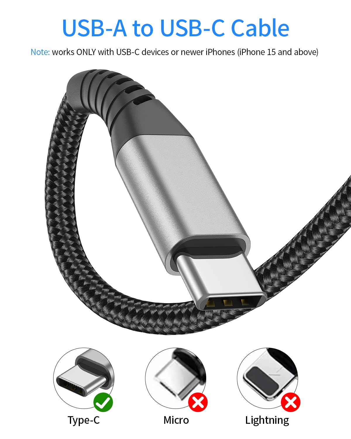 6 Inch Short USB C Cable Fast Charging 2 Pack - 0.5ft USB A to USB C Braided Cable, 3A High-Speed Charging for iPhone 15/16 Pro Max, Samsung Galaxy S24/S23, Google Pixel, iPad - Perfect for Travel, Car, Office & Home Charging