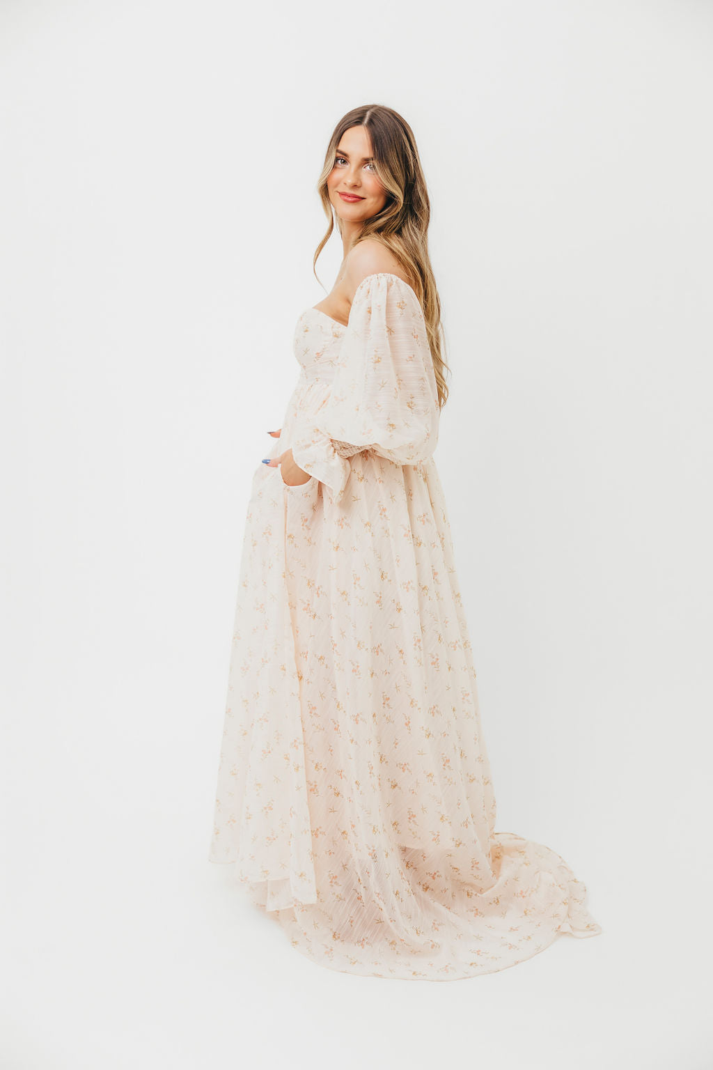 Delilah Maxi Dress with Train in Peach - Bump Friendly Maternity Dress (XS-3XL) for Weddings, Parties & Special Occasions