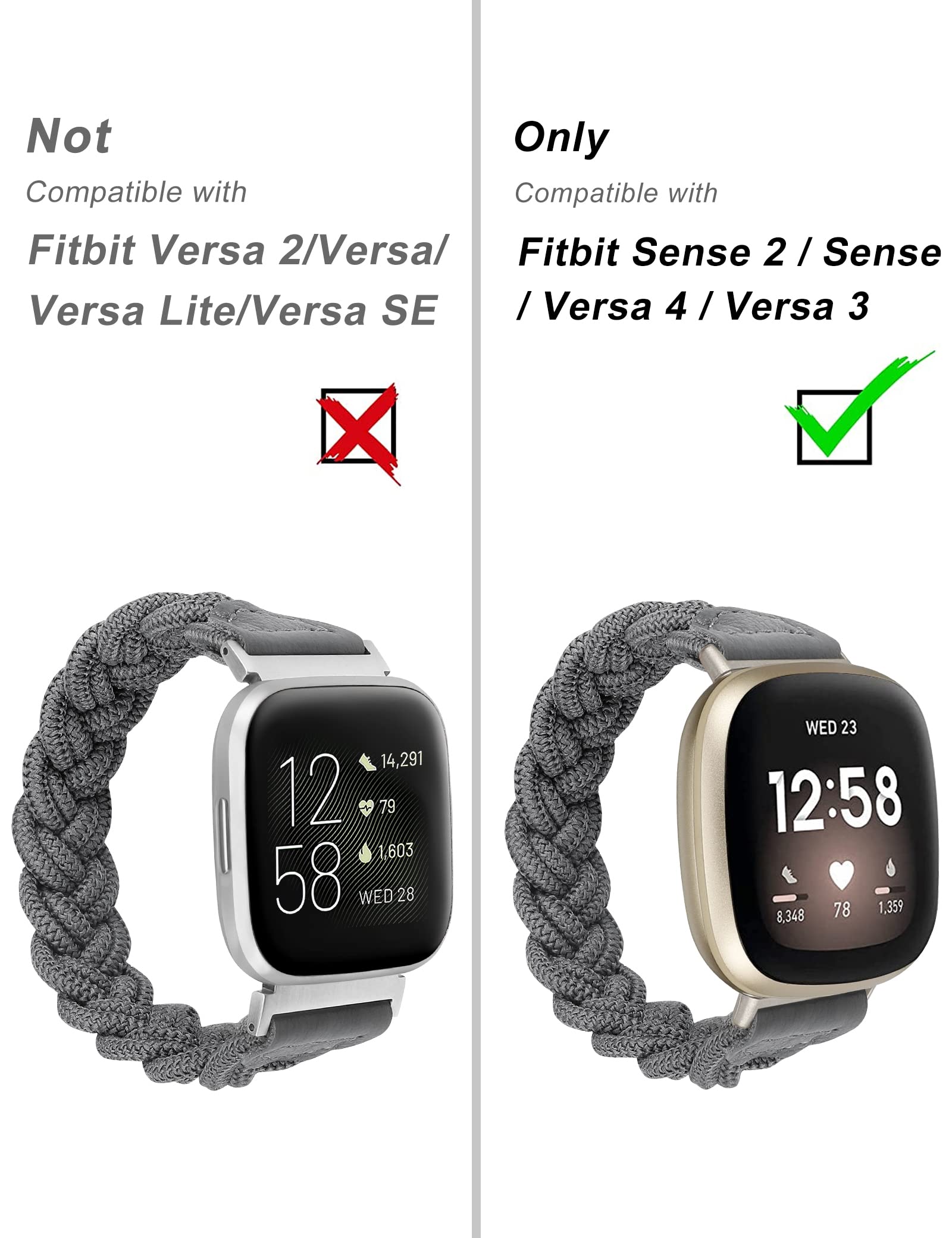 Fitbit Sense/Versa 3/Sense 2/Versa 4 Replacement Bands - Slim Elastic Braided Solo Loop Strap for Women, Stretchy Woven Wristband Accessory (Grey, Small) - Perfect for Workouts, Running & Everyday Wear