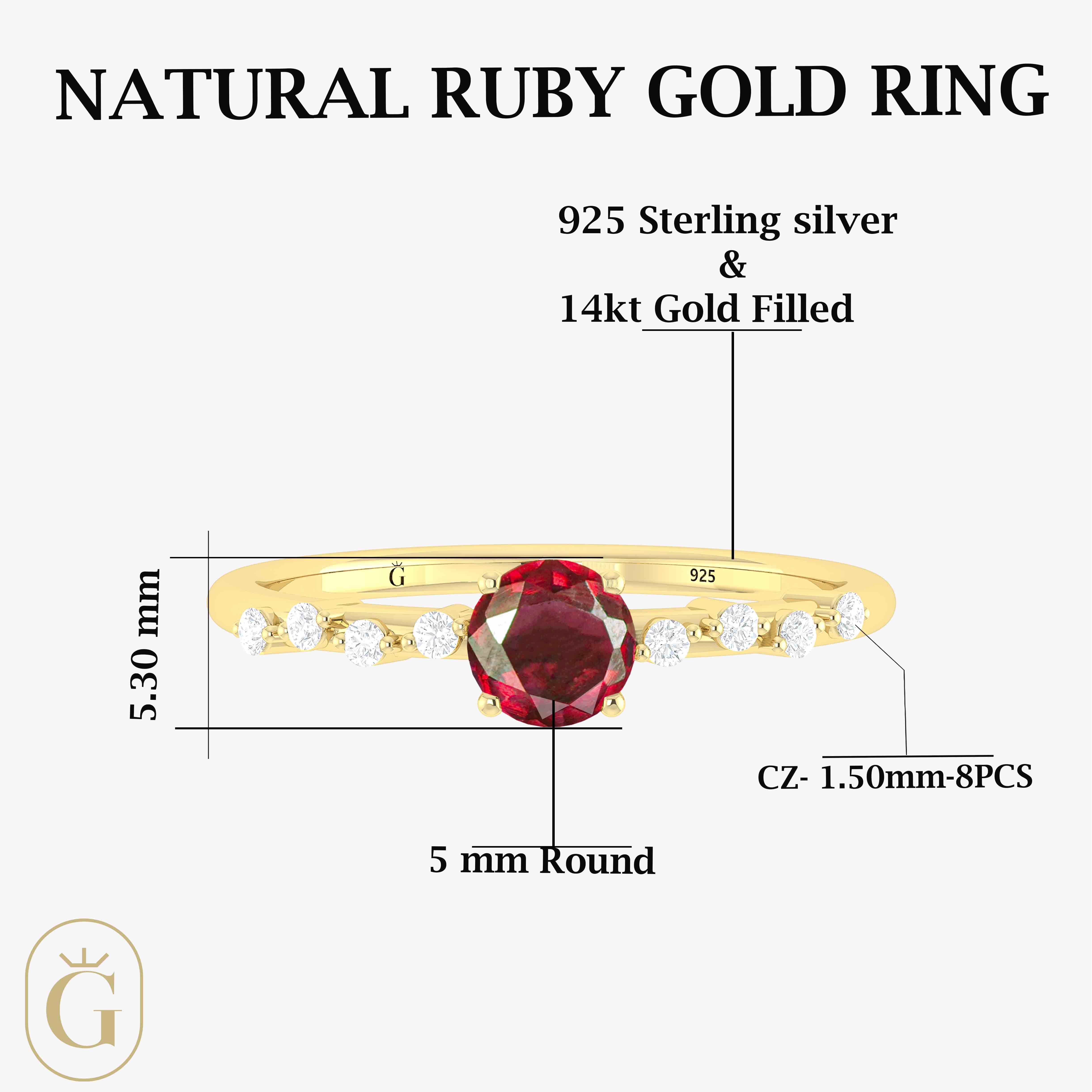 Natural Ruby Round Stone Minimalist Solitaire Ring with Accent Diamonds - Elegant & Dainty Jewelry for Women, Perfect for Engagement, Wedding, Anniversary & Everyday Wear