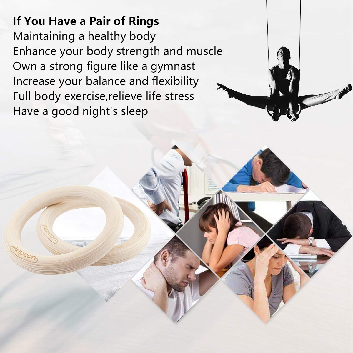 AUPCON Wood Gymnastic Rings - Olympic Gym Rings with Adjustable Straps for Strength Training, Pull Ups, Dips & Home Workouts - Perfect for CrossFit, Calisthenics & Outdoor Fitness