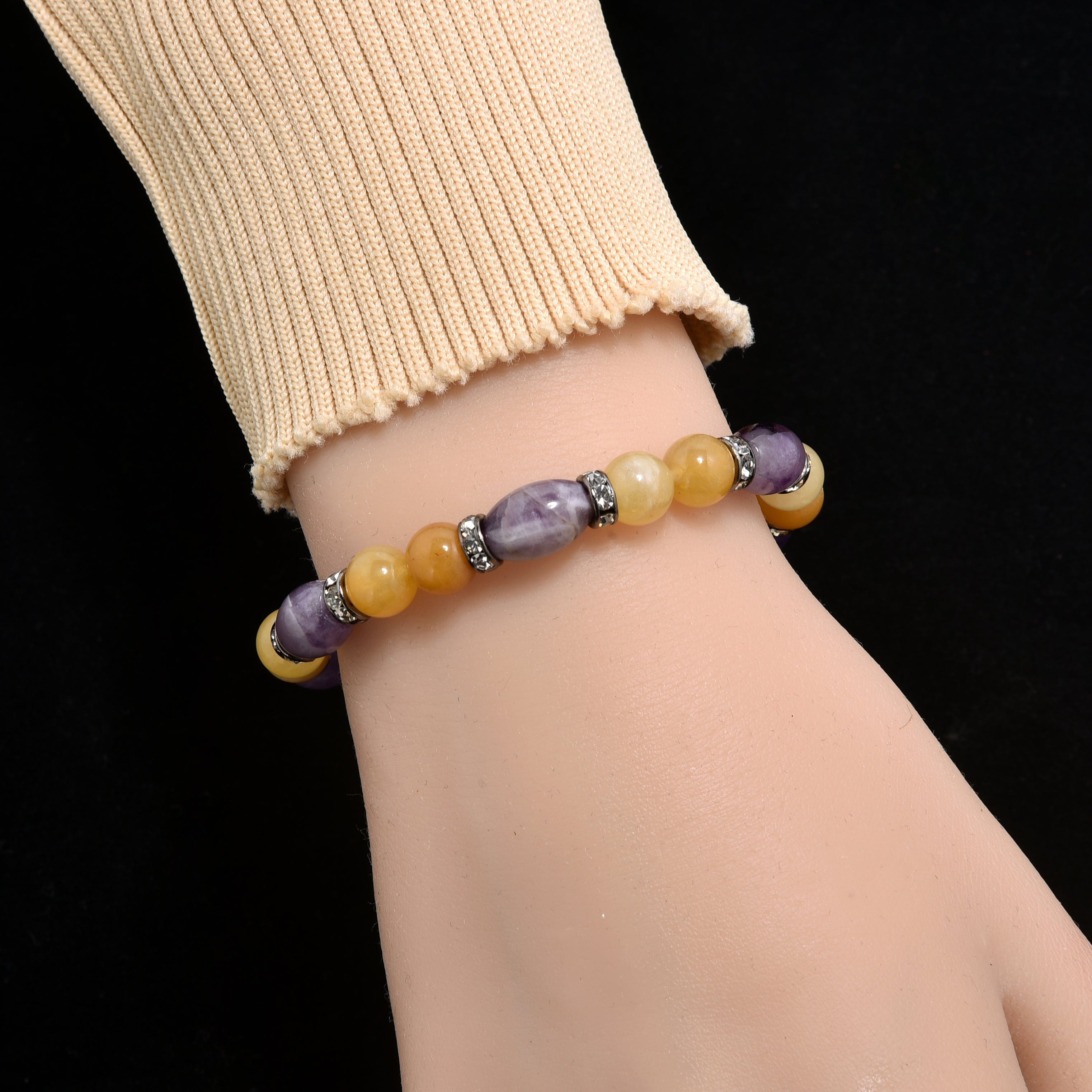 8mm Amethyst & Yellow Jade Elastic Bracelet with Crystal Accents - Healing Gemstone Stretch Bracelet for Women, Yoga, Meditation & Positive Energy