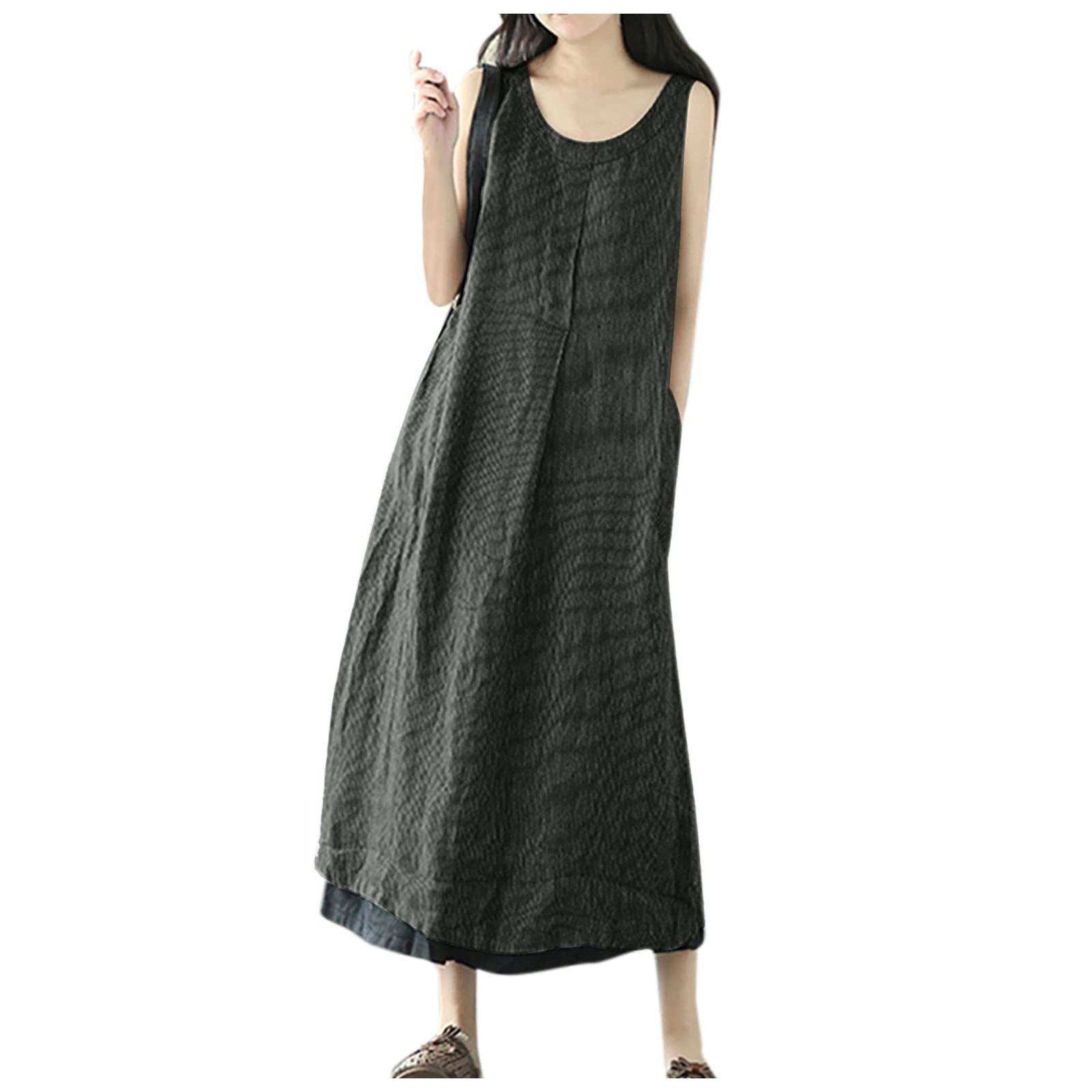Women's Summer Linen Sundress - V-Neck Sleeveless Tank Dress with Lining, Elegant Midi Length, Plus Size Options | Perfect for Beach Vacations, Garden Parties & Casual Outings