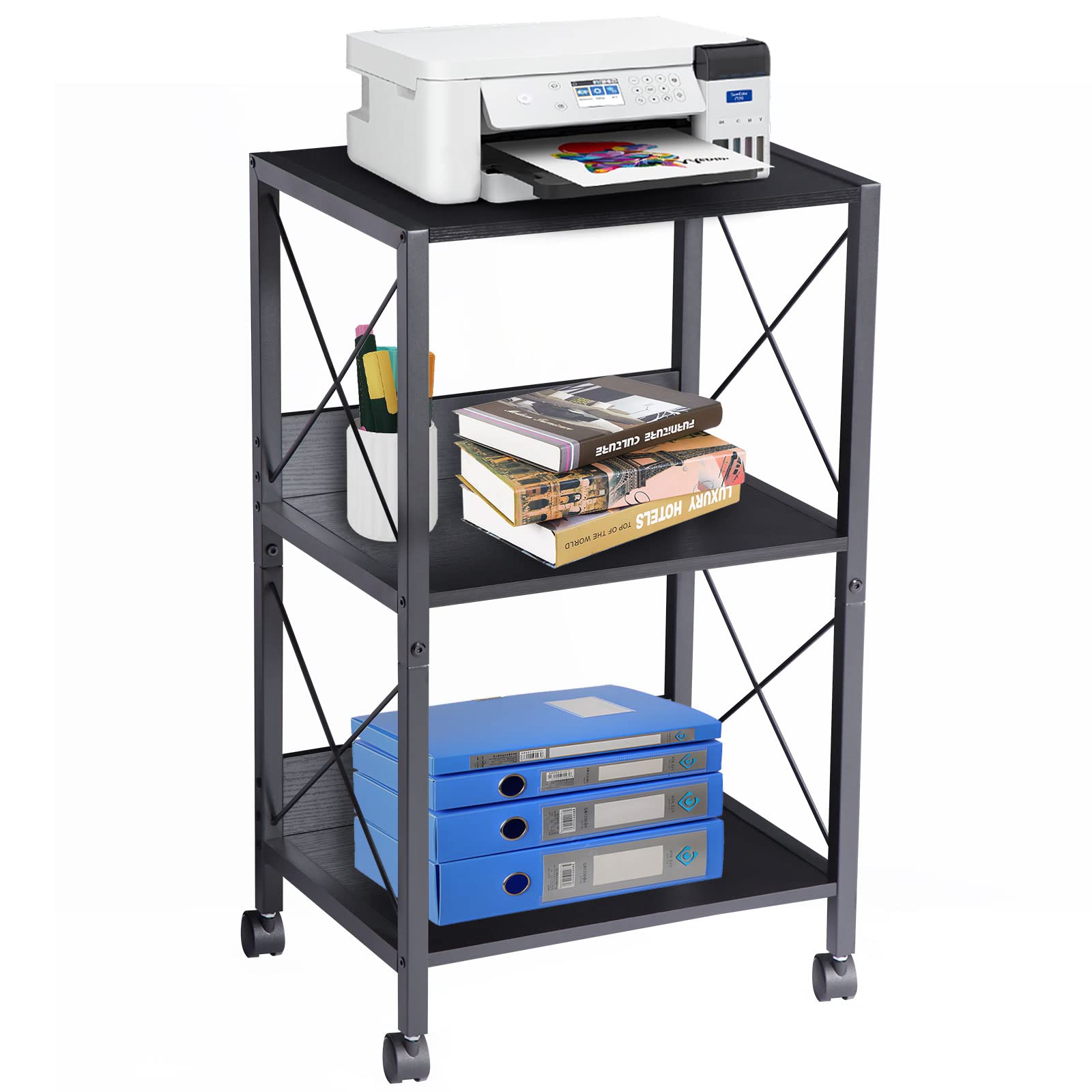 TooCust 3-Tier Rolling Printer Stand with Storage Shelf - 17x13x30 Inches, Mobile Printer Cart for Home Office, Black - Perfect for Organizing Printers, Scanners & Office Supplies