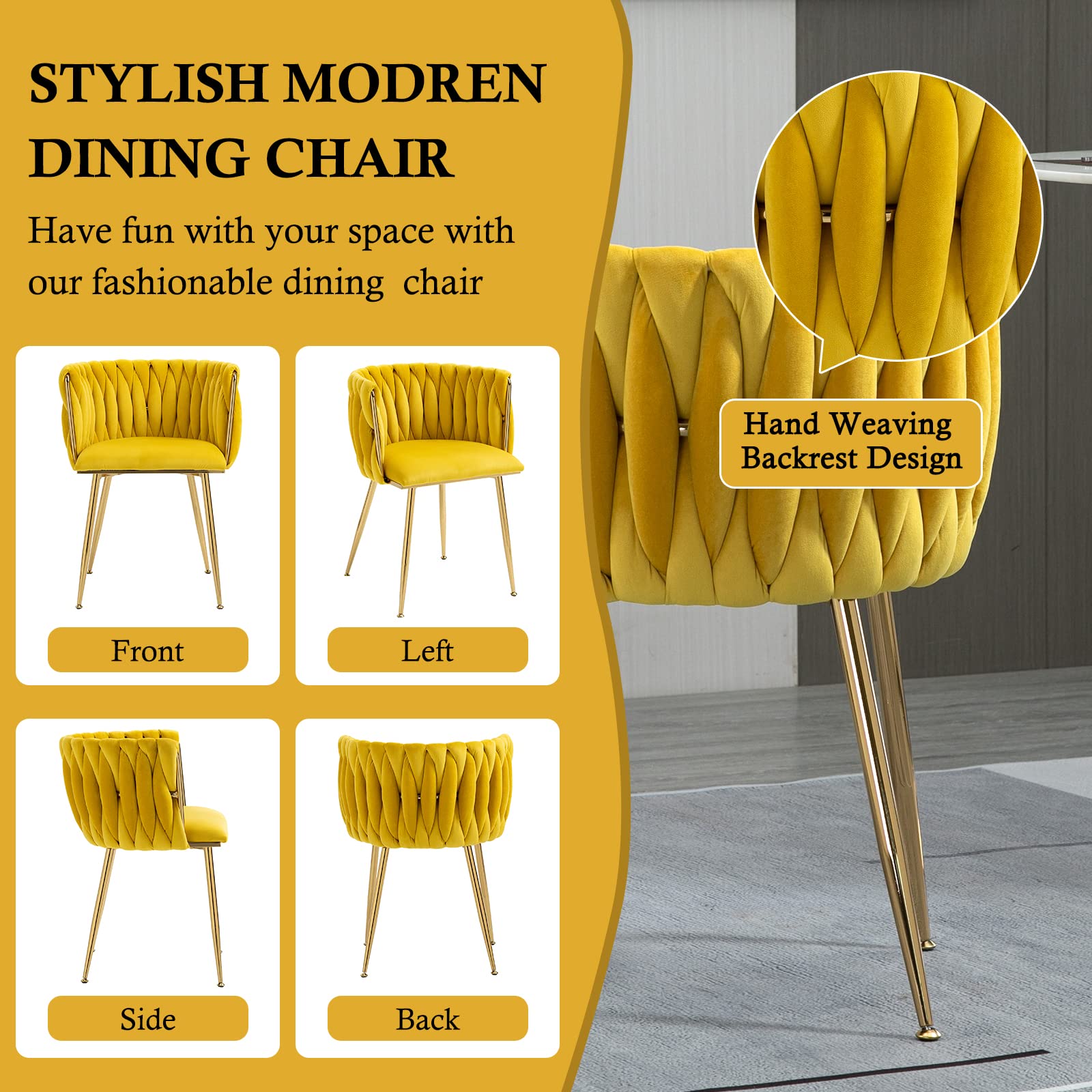 NIOIIKIT Modern Velvet Dining Chairs Set of 2 - Handwoven Accent Chairs with Golden Metal Legs, Upholstered Side Chairs for Living Room, Dining Room, Kitchen & Vanity (Mustard Yellow) | Perfect for Home Decor, Dinner Parties & Cozy Seating