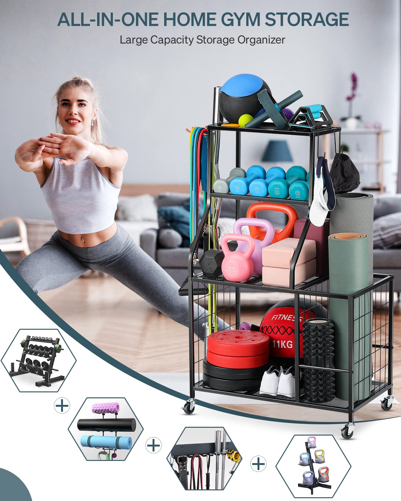 Dumbbell Rack with Wheels & Hooks - Heavy Duty Gym Storage Stand for Weight Plates, Home Workout Equipment Organizer | Perfect for Yoga Mat Storage, Strength Training Gear & Compact Home Gym Setup
