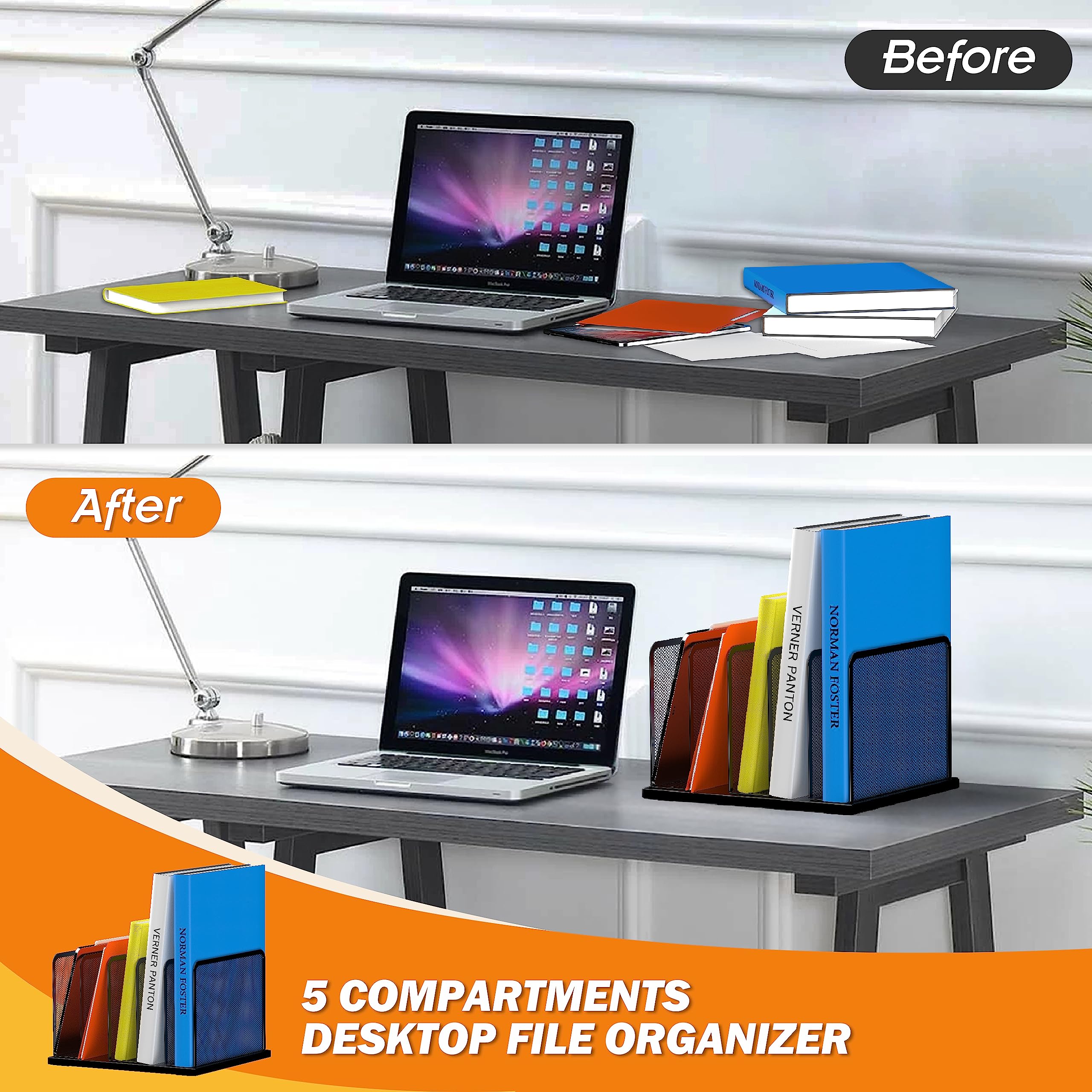 Kuntine.B 5-Section Mesh Desk File Organizer - Upright Desktop File Sorter for Office Documents, Papers & Folders - Perfect for Home Office, Classroom & Workspace Organization (Black) - Keep Your Desk Neat & Productive