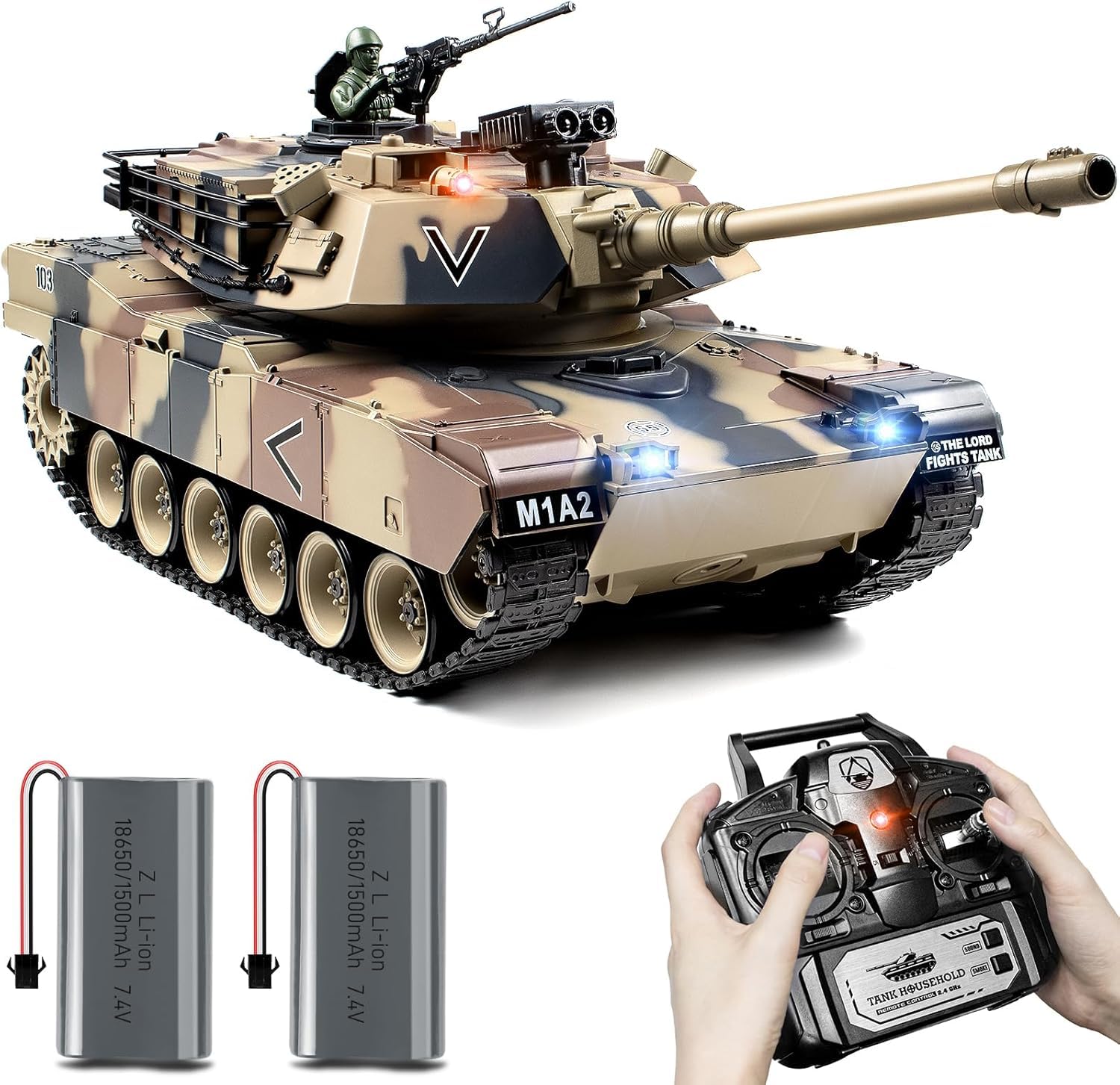 1:18 Scale RC Tank - 2.4Ghz Remote Control M1A2 Abrams Battle Tank Toy with Smoke, Light & Sound Effects | 15-Channel Military Vehicle Shoots BBs & Water Bombs | Fun for Adults & Kids | Battle Simulation, Outdoor Play & Collection Display
