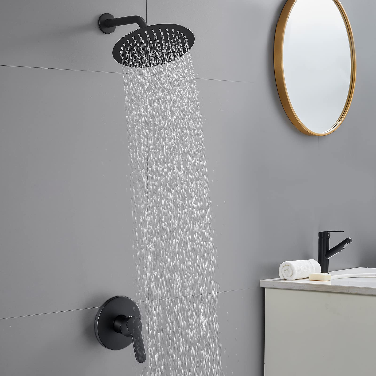 POPFLY Black Shower Faucet Set - 8 Inch Rainfall Shower System with Single Function Trim Kit & Rough-in Valve | Modern Bathroom Upgrade for Spa-Like Experience