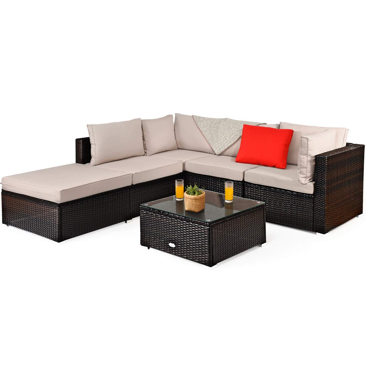 **Tangkula 6-Piece Patio Furniture Set - Outdoor Wicker Sectional Sofa with Coffee Table, Durable Steel Frame & PE Rattan, Beige - Perfect for Backyard, Deck, Lawn, and Garden Relaxation**
