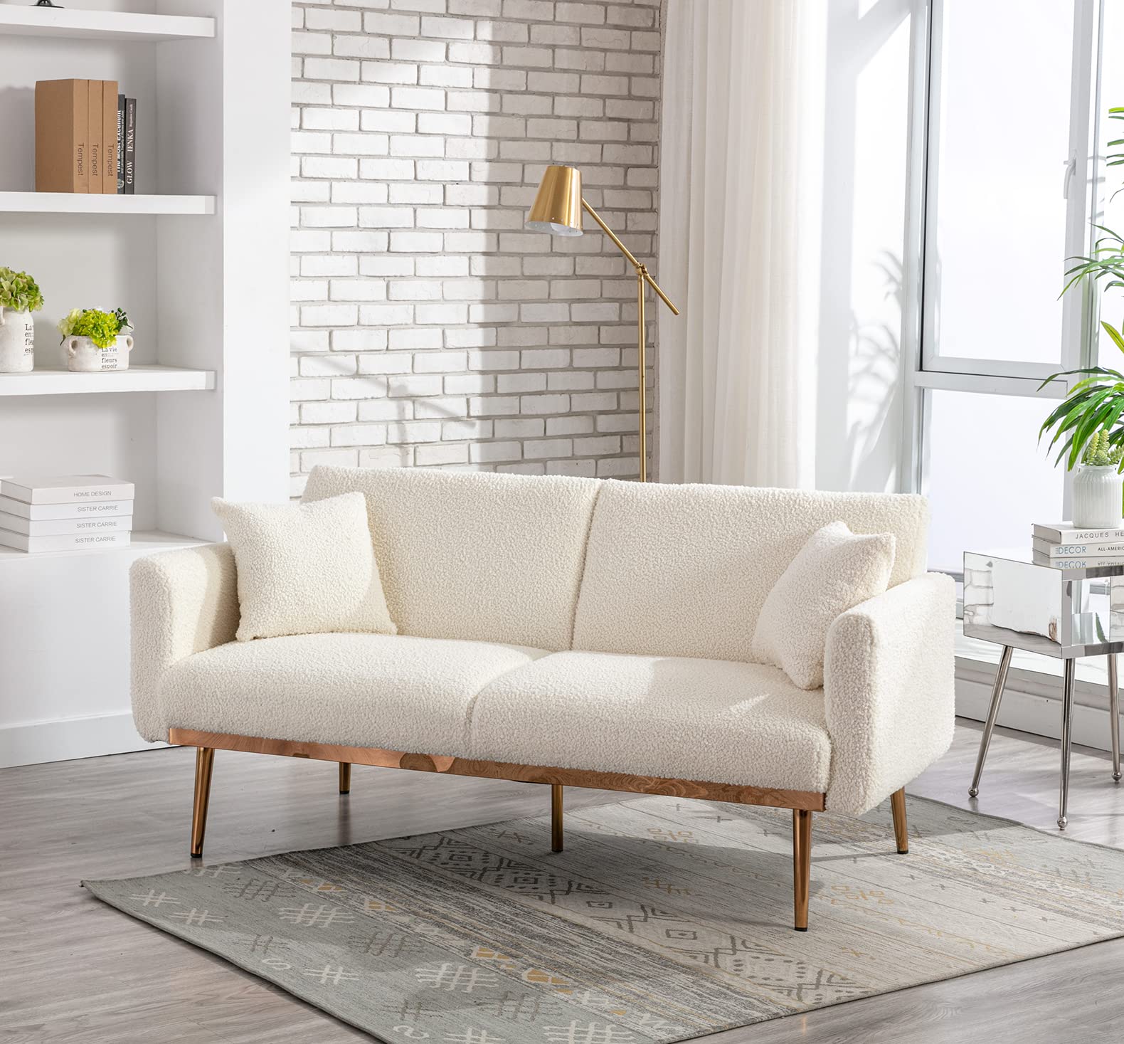 Antetek 3-Position Adjustable Futon Sofa Bed - Modern Upholstered Convertible Loveseat with 5 Metal Tapered Legs & 2 Decorative Pillows, Ivory Teddy Fabric - Perfect for Small Spaces, Guest Rooms & Studio Apartments
