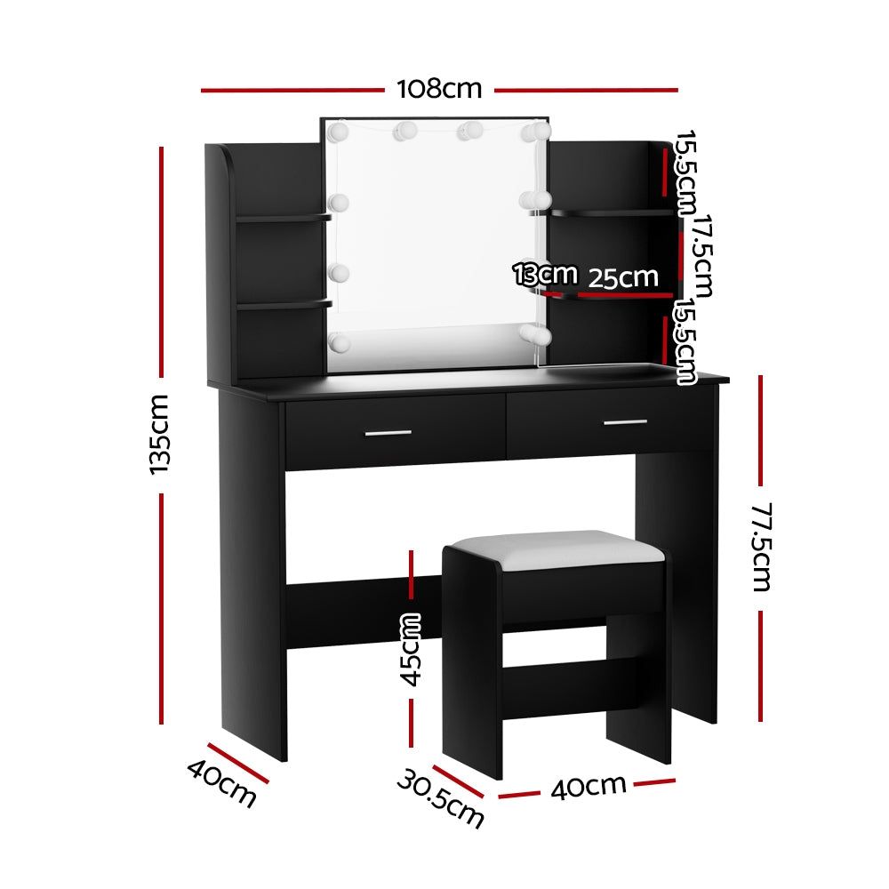 Artiss Dressing Table Set with Stool and 10 LED Bulbs - Black Dulcea Vanity Desk for Makeup & Beauty Room Decor