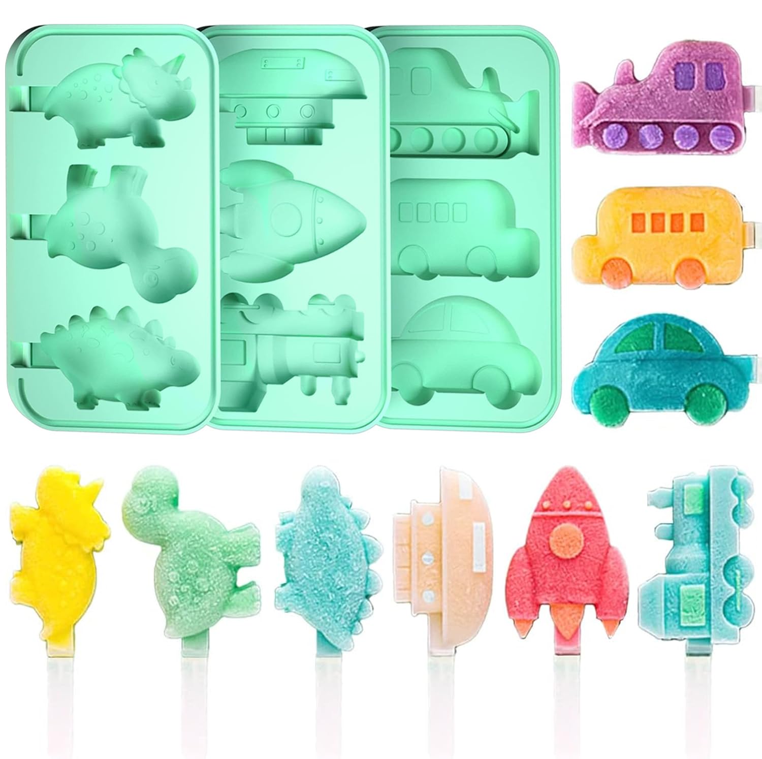 Premium Silicone Popsicle Molds Set of 3 - Dinosaur, Rocket & Car Shapes - BPA-Free Food Grade Ice Cream Molds with Reusable Sticks for Kids & Adults - Perfect for Summer Treats, Birthday Parties & Healthy Snacks (Green)