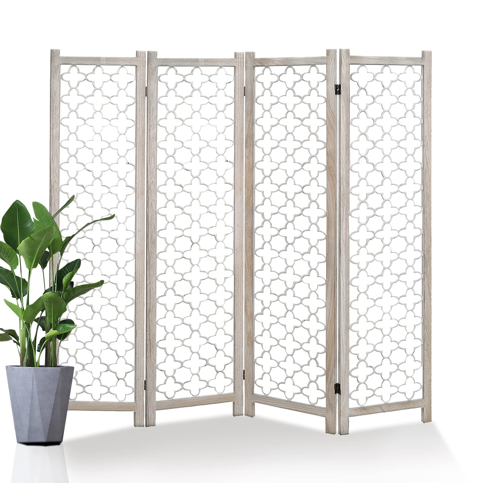 Babion 4-Panel Wooden Room Divider - Portable Folding Privacy Screen with Decorative Cutouts for Bedroom, Home Office & Living Room - White | Space Separator for Home Decor & Workspace Organization