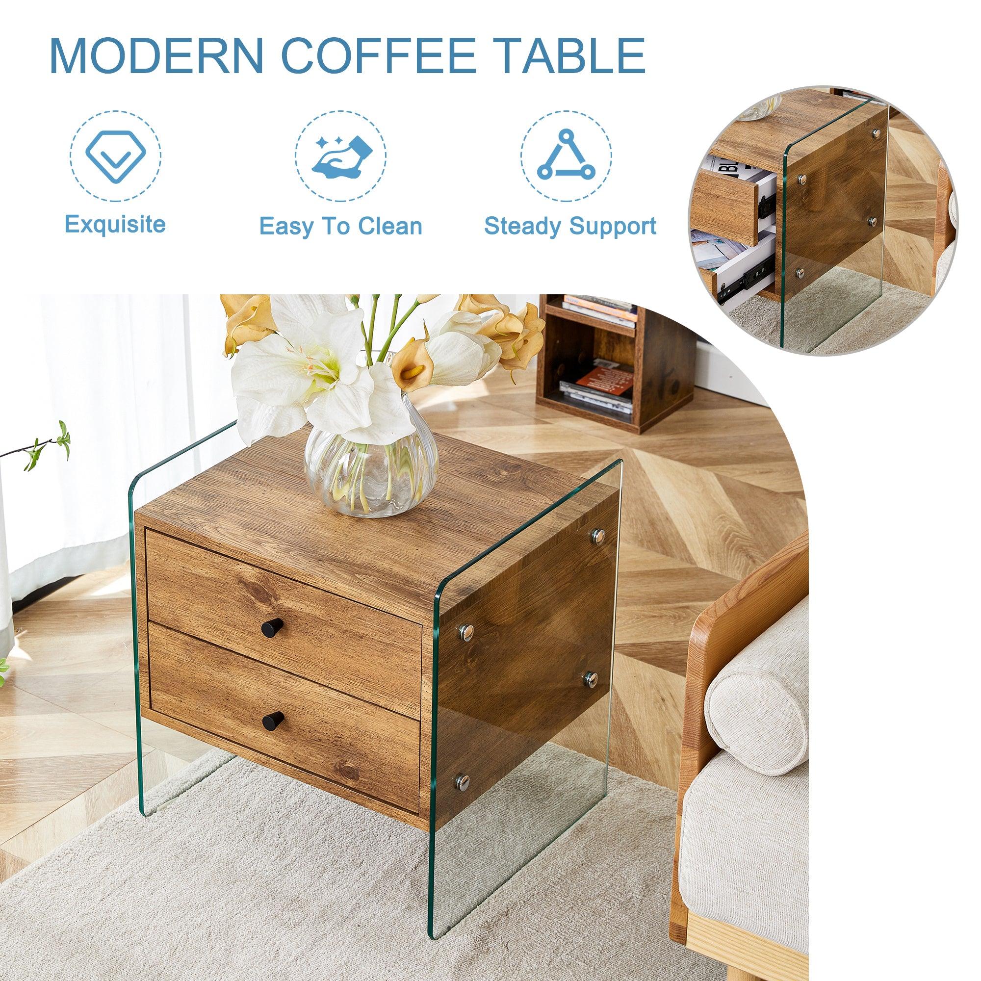 Modern Double Drawer Bedside Table with MDF Sticker Surface & Tempered Glass Sides - Elegant Design & Spacious Storage for Bedroom, Living Room, or Office