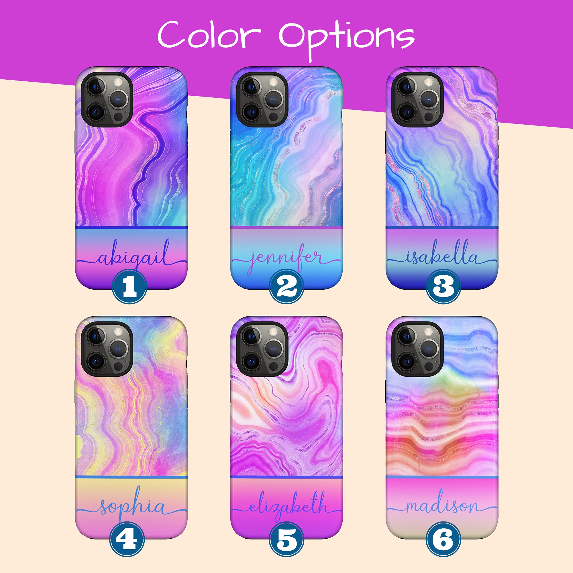 Custom Neon Rainbow Agate Marble Phone Case - Personalized Name Engraved - Compatible with iPhone 16 Plus/15 Pro Max/14/13 Mini/12/11/X/XS Max/XR/7/8 - Trendy Protective Cover for Everyday Use & Gift Giving
