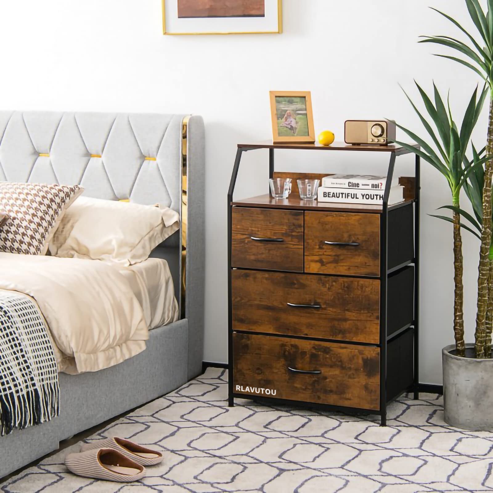 Brown 4-Drawer Fabric Dresser with Sturdy Steel Frame & Wooden Top - Tall Clothes Storage Tower for Bedroom, Closet, Living Room & Nursery - Perfect for Organizing Clothes, Blankets & Home Essentials (le00000001)