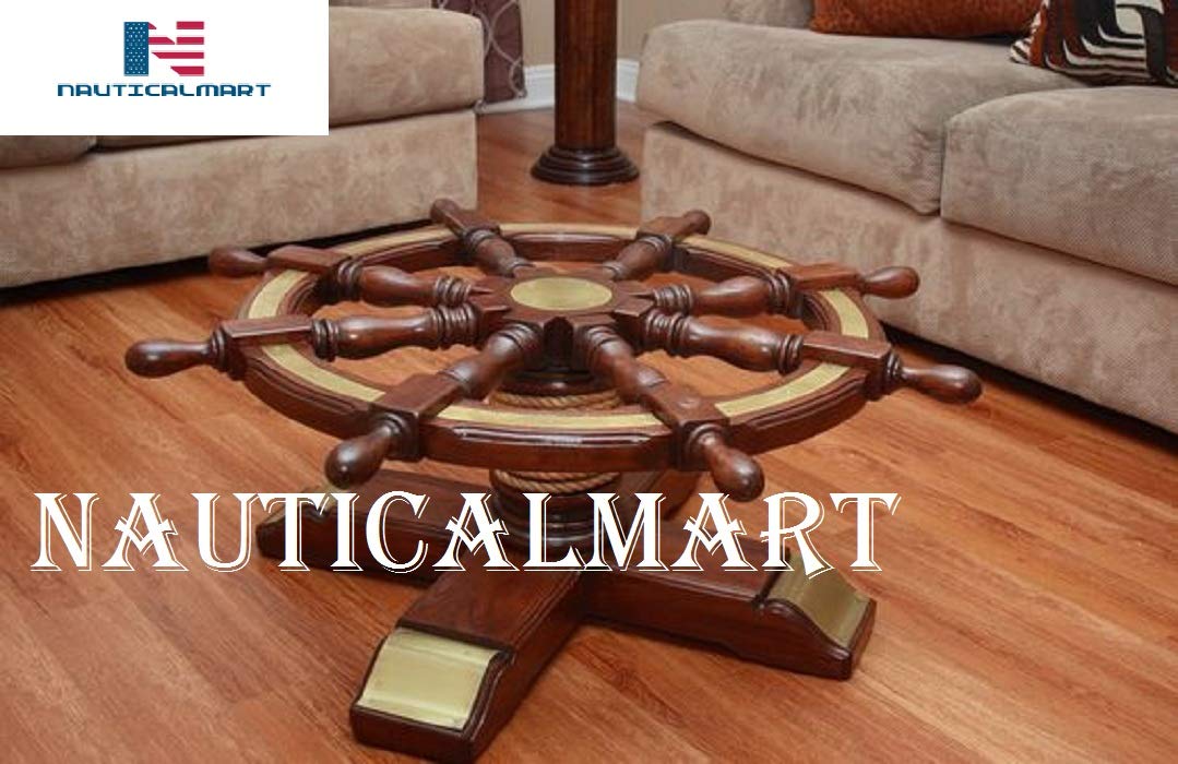 24'' Nautical Wooden Ship Wheel Coffee Table with Glass Top - Rustic Pirate Themed Living Room & Office Furniture - Perfect for Coastal, Beach House, or Maritime Decor