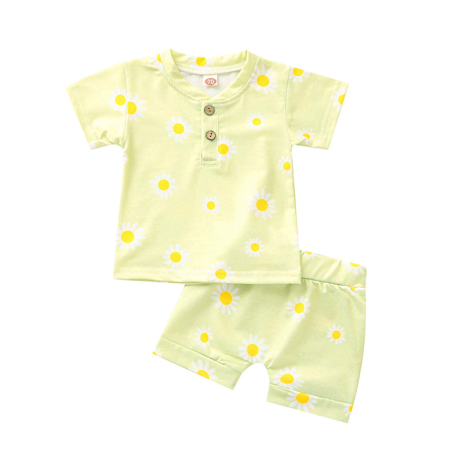 Newborn Baby Clothes Set - Short Sleeve Flower Print Top & Matching Shorts for Boys & Girls (Yellow) | Soft Cotton Outfit for Infant Photoshoots, Playdates & Summer Wear