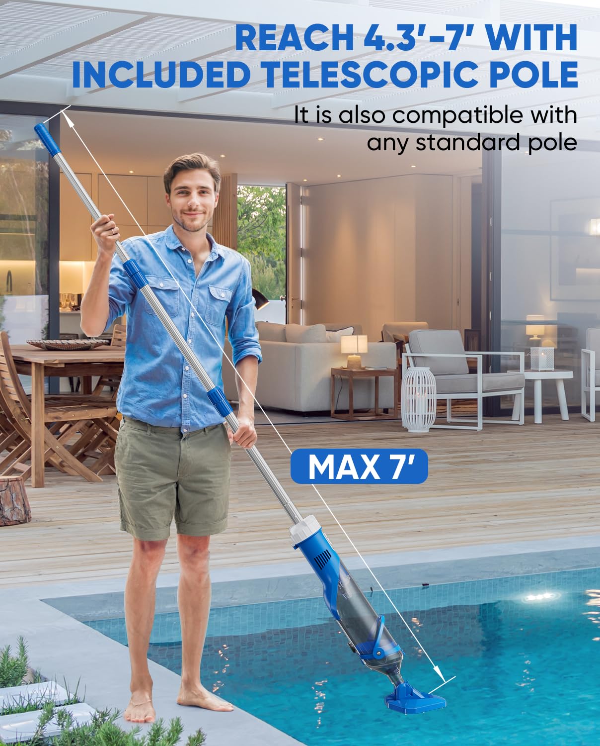 Cordless Pool Vacuum Cleaner with Telescopic Pole - 18.5 GPM Powerful Suction, 1.5H Supercharge Technology | Rechargeable Handheld Pool Cleaner for Above Ground & Inground Pools, Hot Tubs, Spas | Perfect for Quick Cleaning & Maintenance