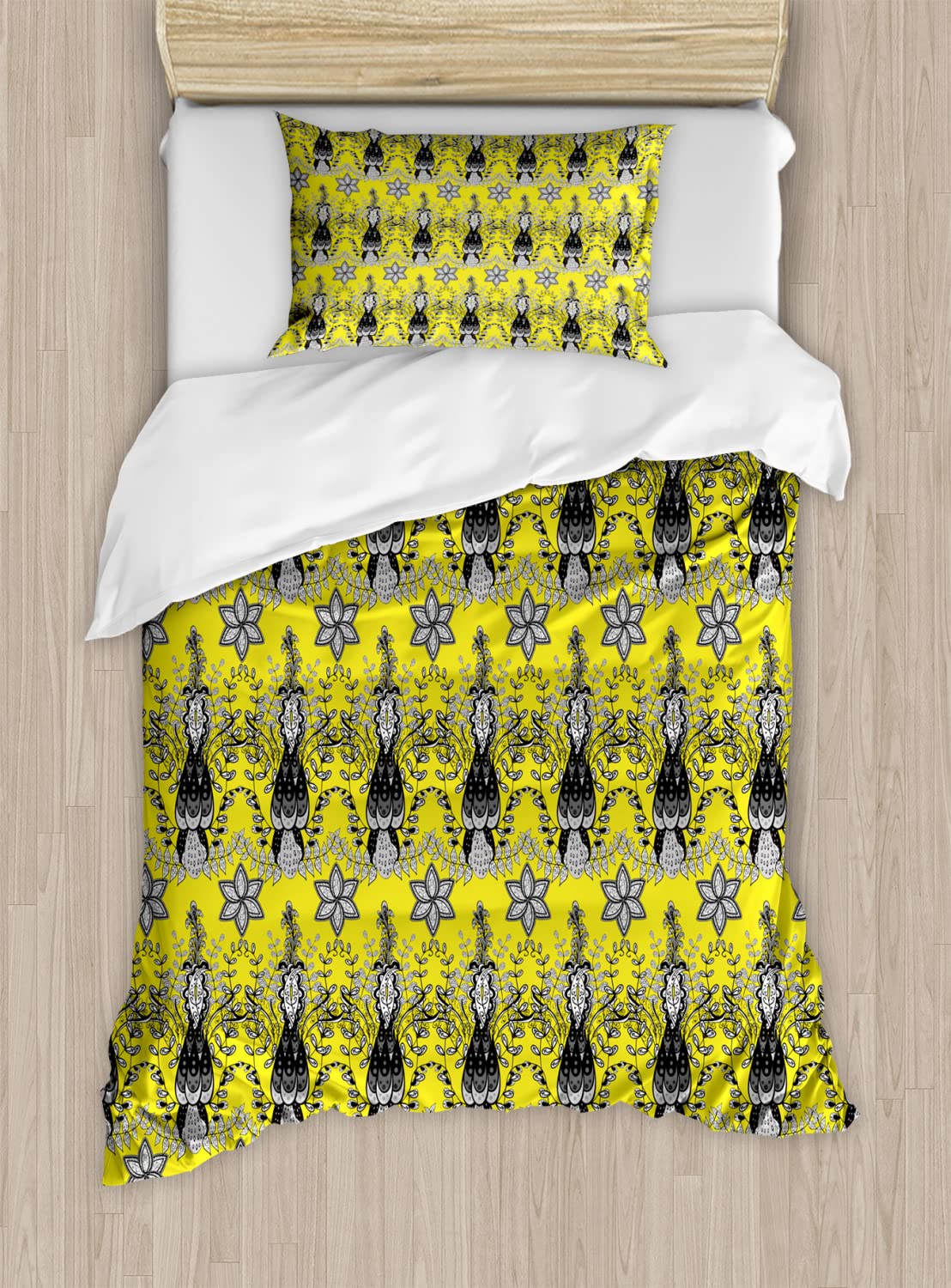 Ambesonne Queen Size Duvet Cover Set - 2 Pack Grey and Yellow Oriental Paisley Floral Design with Ivy Swirls, Includes 2 Duvet Covers & 4 Pillowcases, Charcoal Grey & White - Perfect for Master Bedroom, Guest Room & Bohemian Home Decor